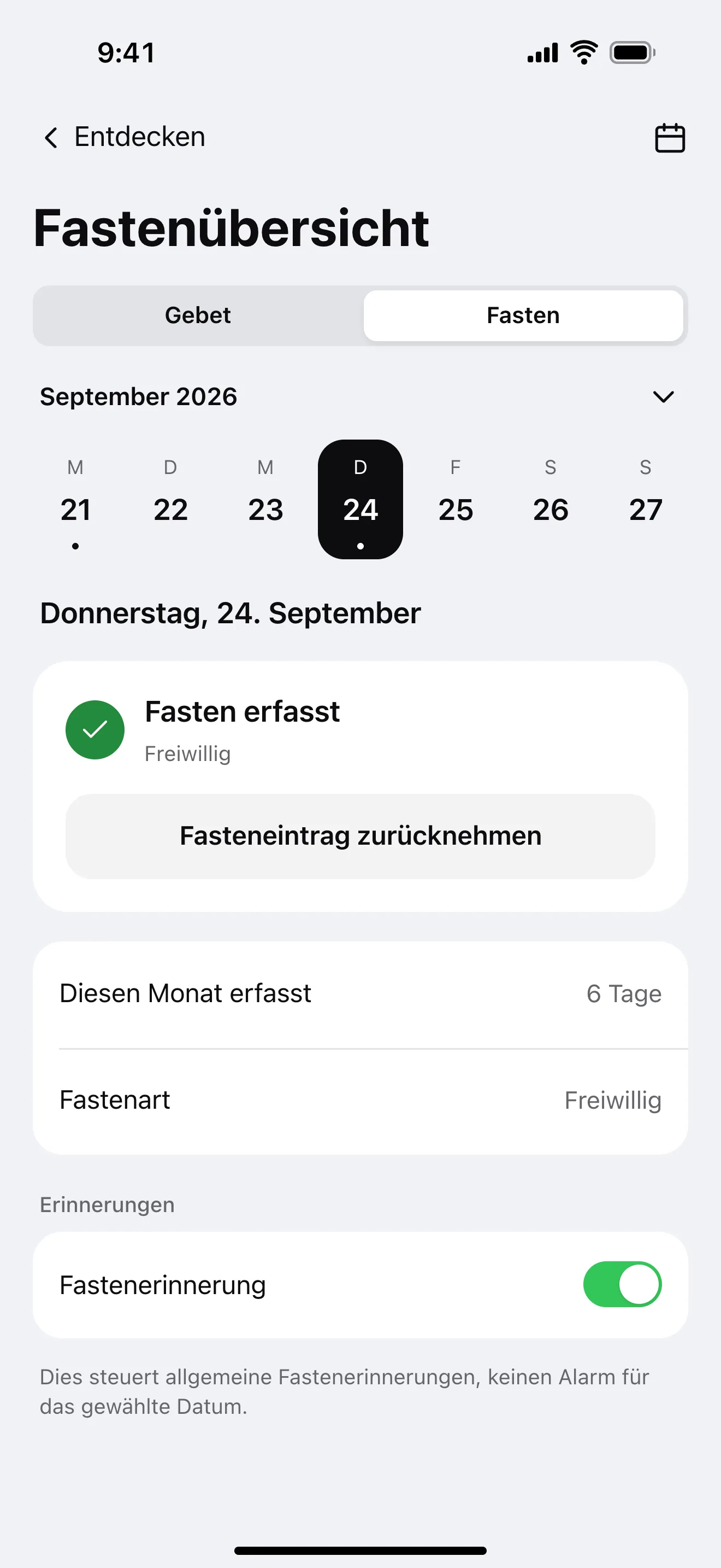 Fastenübersicht: Beispielansicht der App
