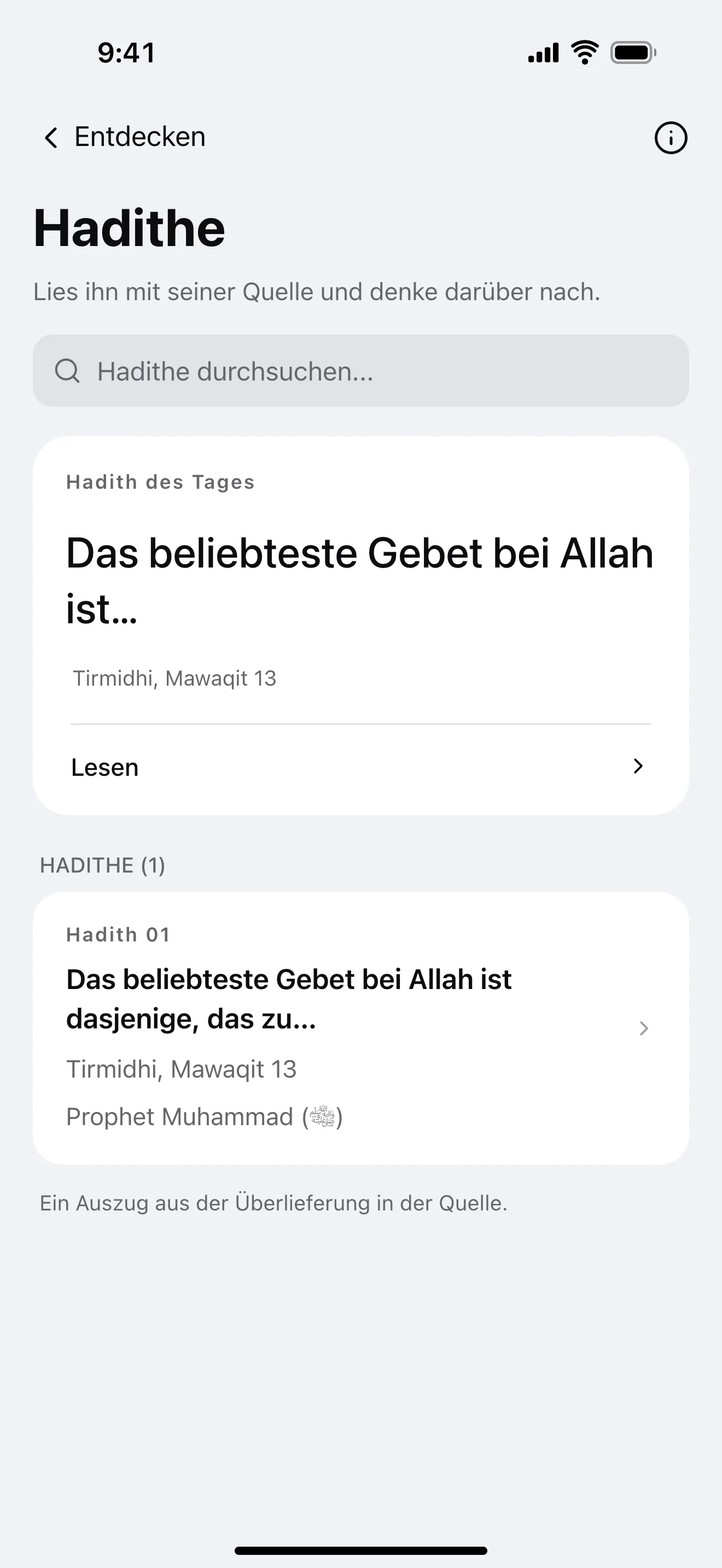 Hadithe: Beispielansicht der App