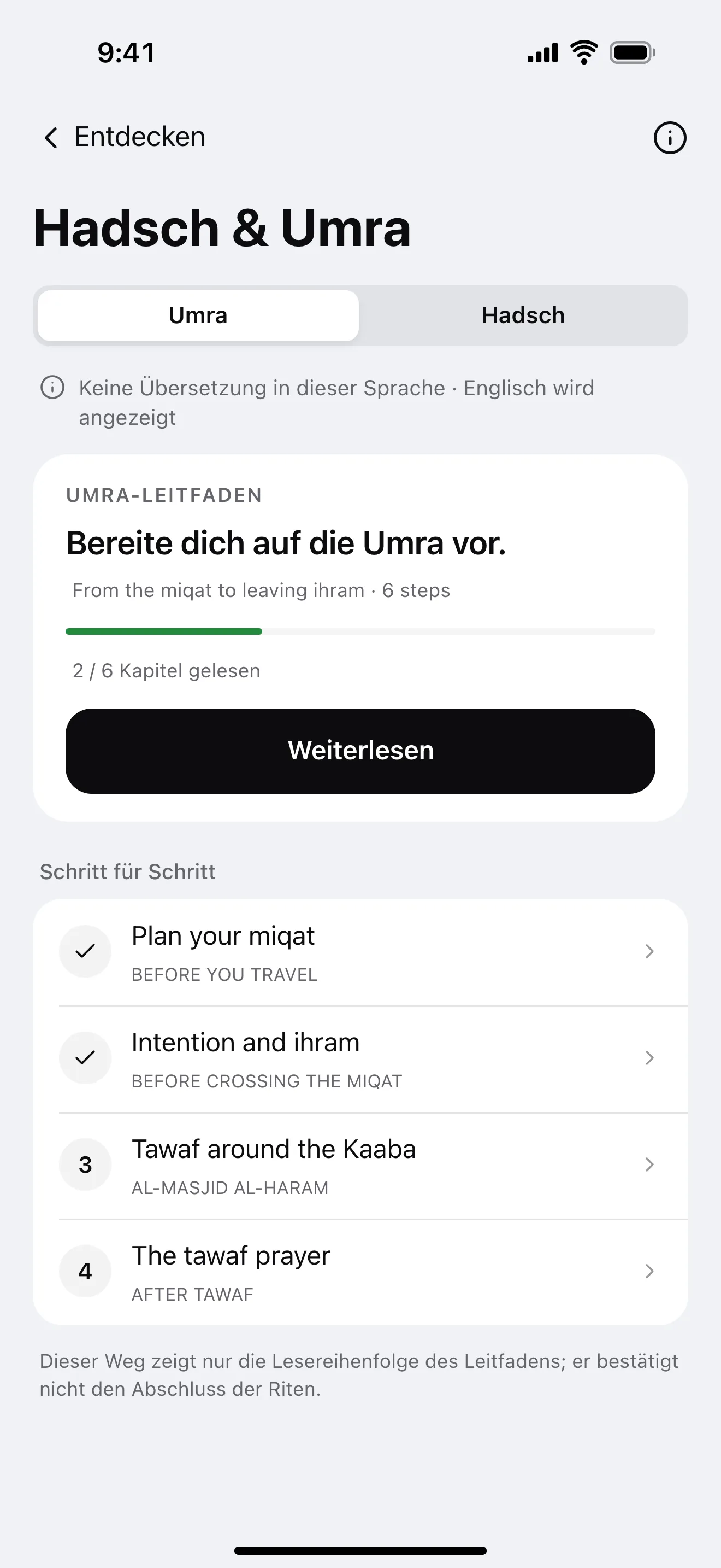 Hadsch & Umra: Beispielansicht der App