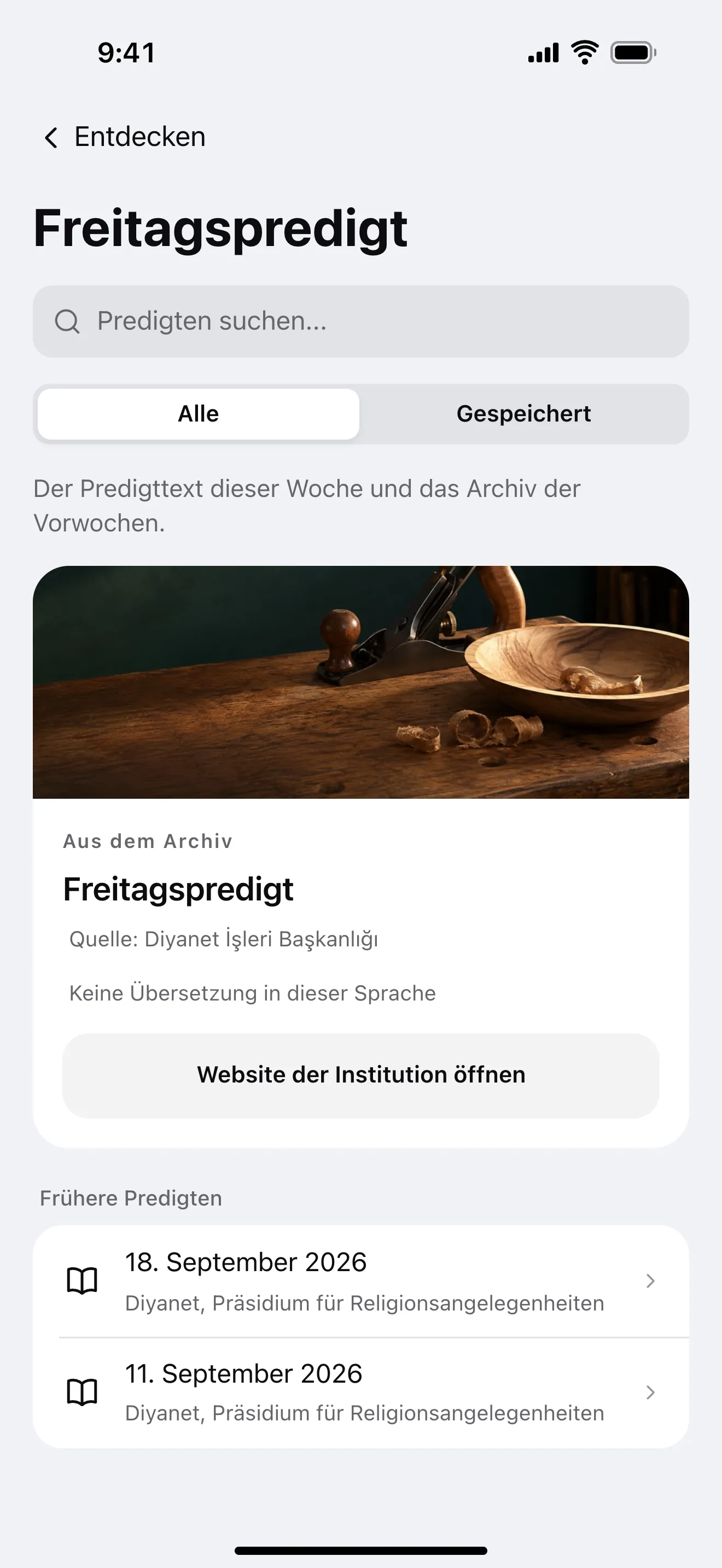 Predigten: Beispielansicht der App