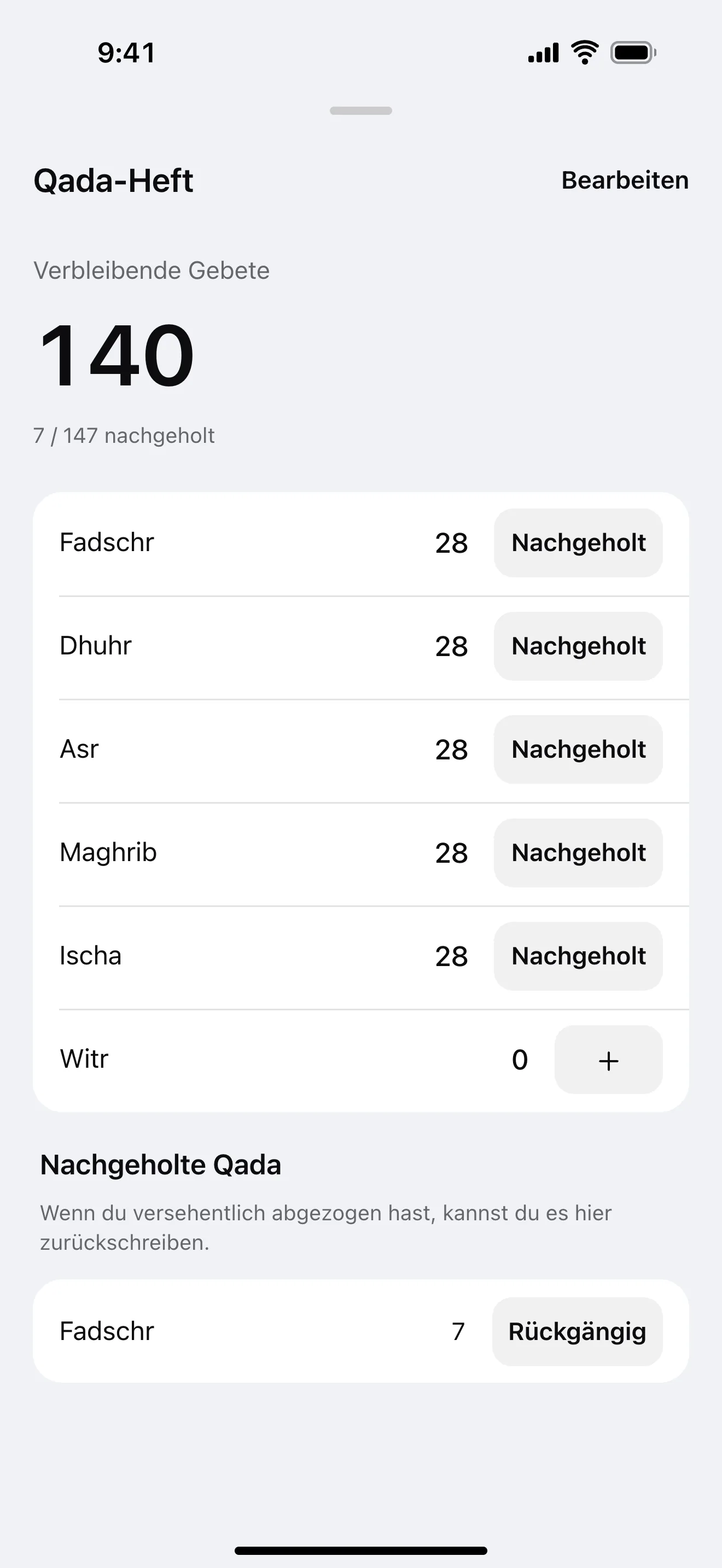 Nachzuholende Gebete: Beispielansicht der App