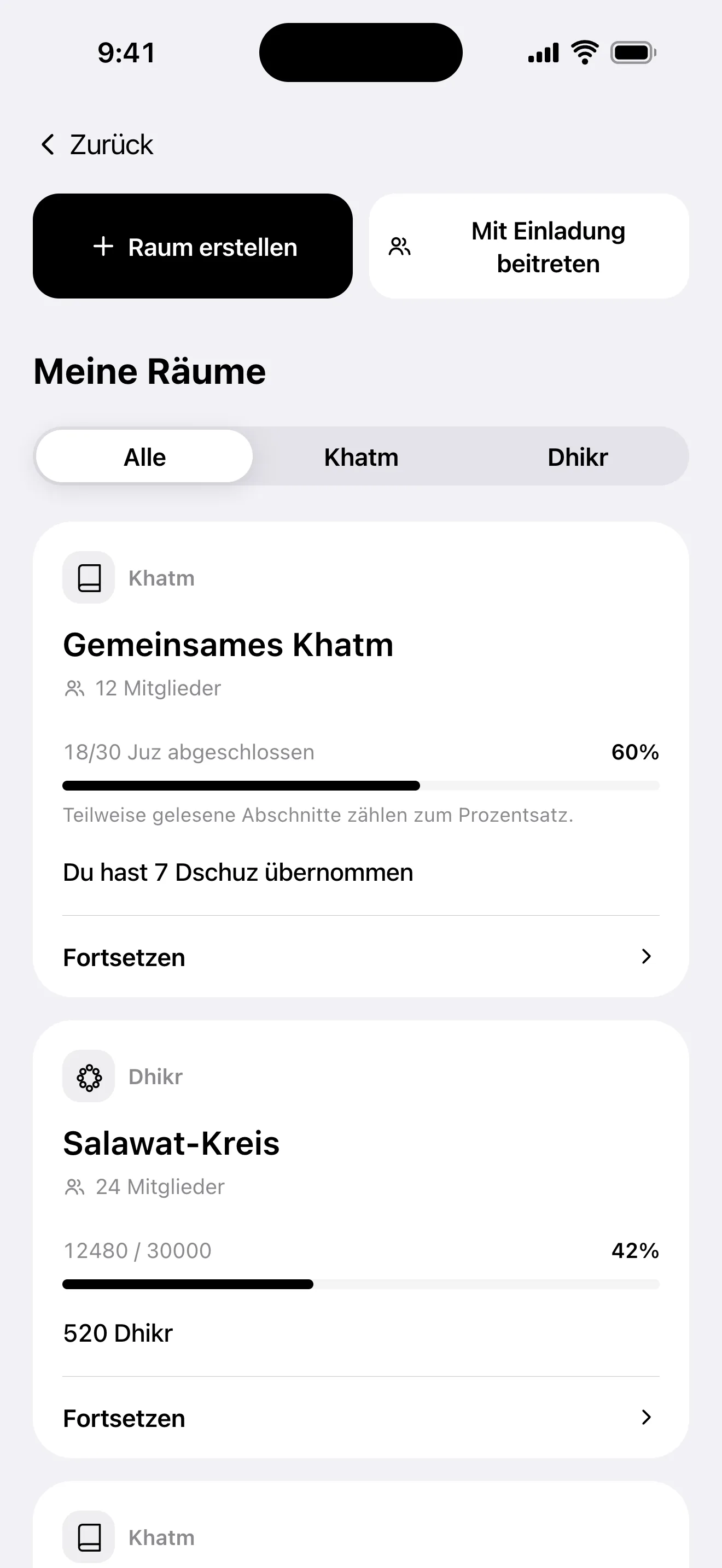 Bildschirm Gemeinsam: die Liste der Gruppen-Khatms und der gemeinsamen Dhikr-Räume