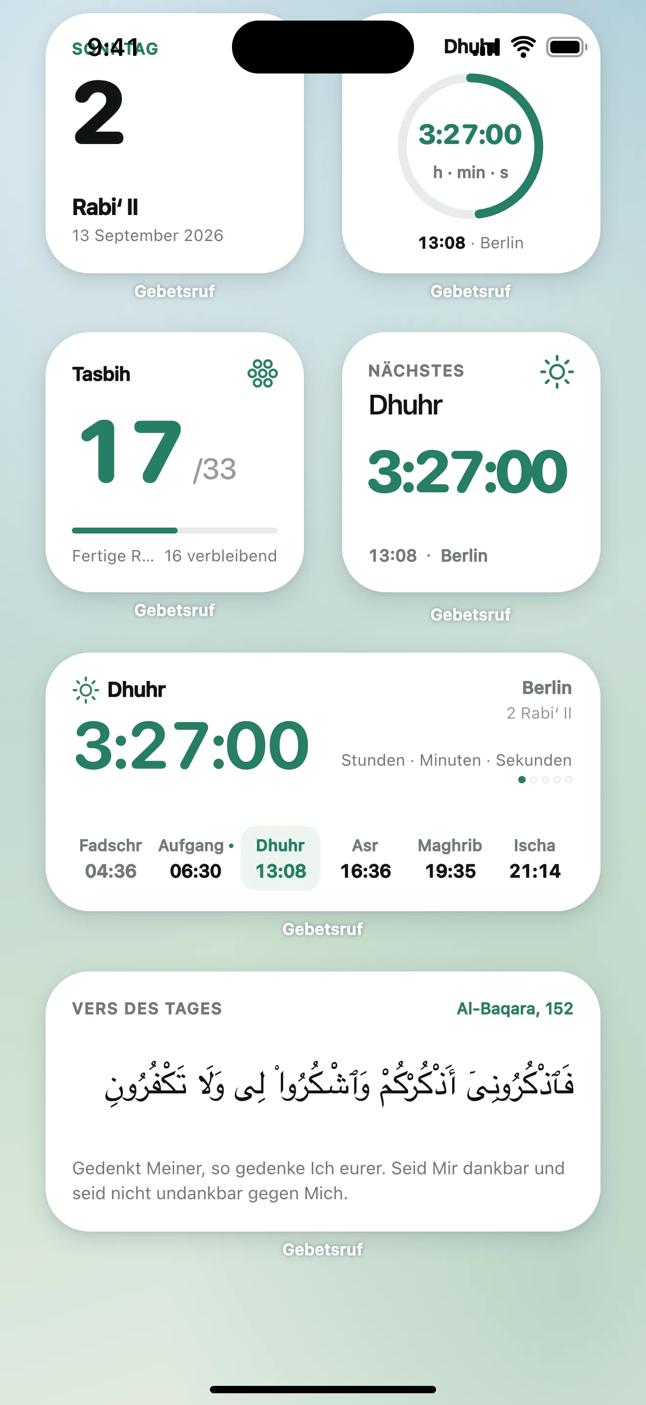 Gebetszeiten-Widgets von Gebetsruf: Countdown bis zum Gebet, Dhikr-Zähler und der Vers des Tages auf dem Startbildschirm