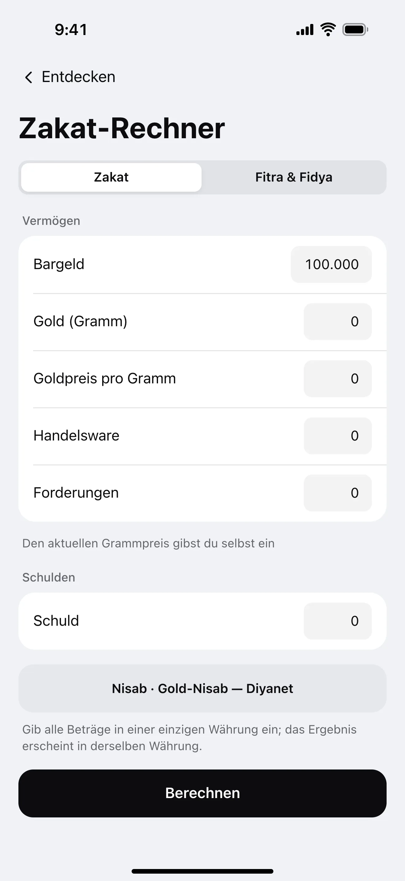 Zakat: Beispielansicht der App