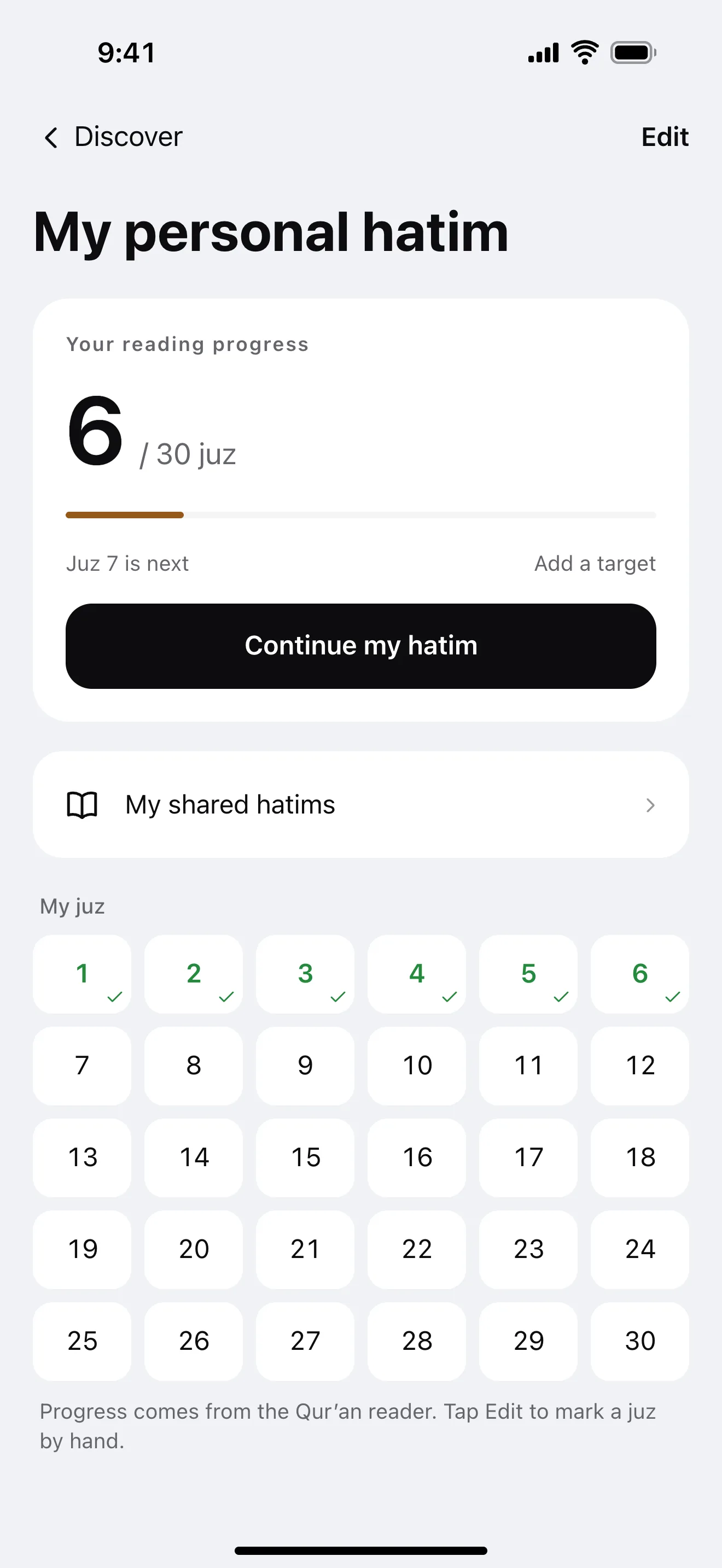 My Qur’an journey: example app screen