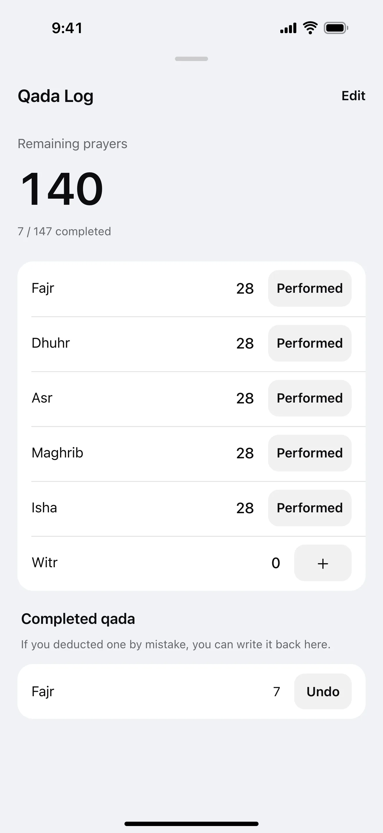 Missed prayer log: example app screen
