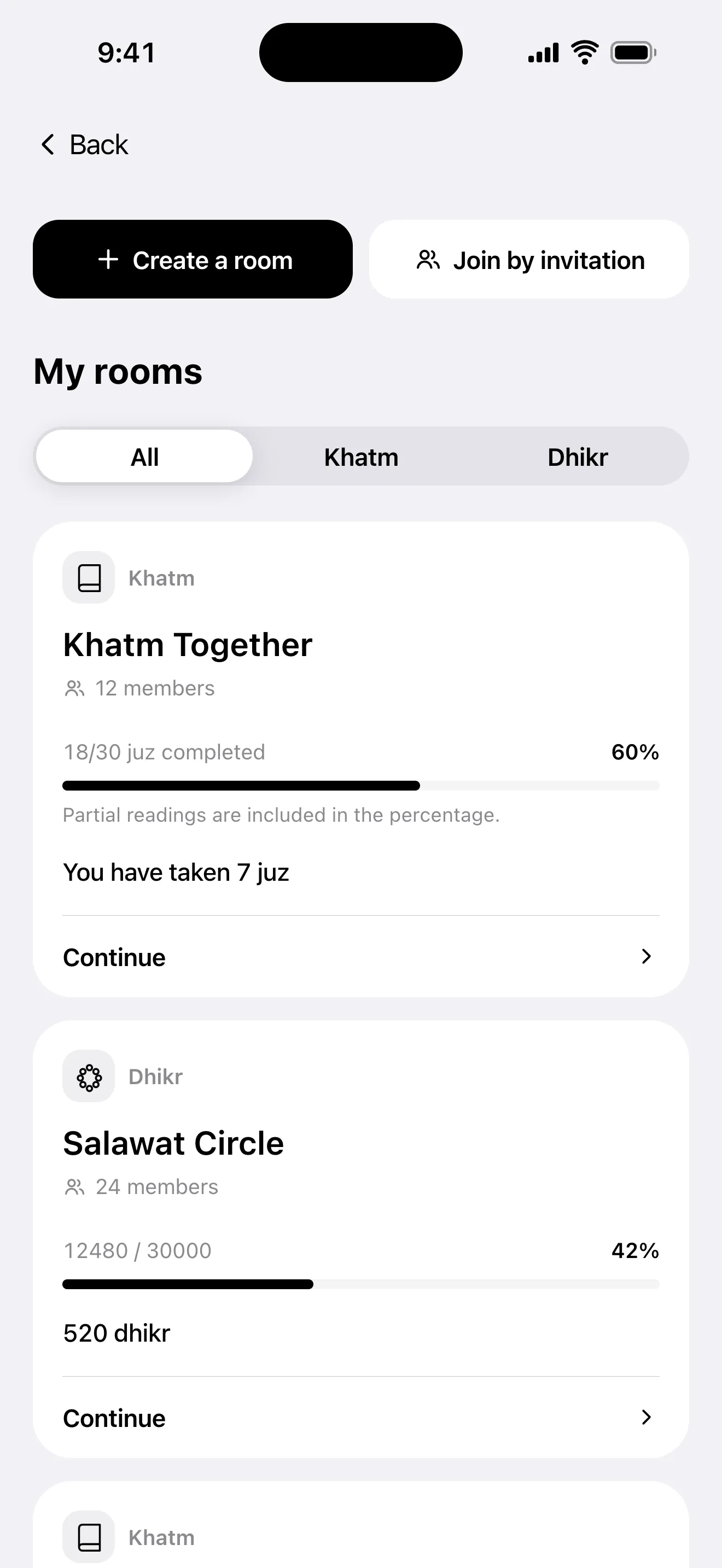 Together screen: the list of group khatm and shared dhikr rooms