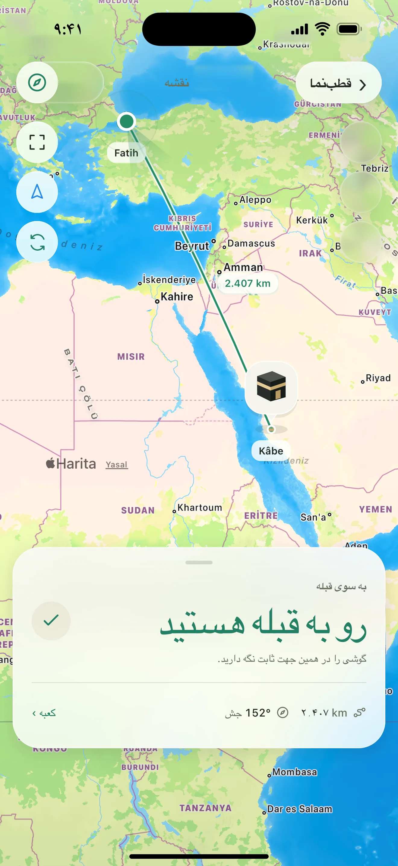 نقشهٔ قبله: خط از فاتح تا کعبه و فاصلهٔ ۲٬۴۰۷ کیلومتر