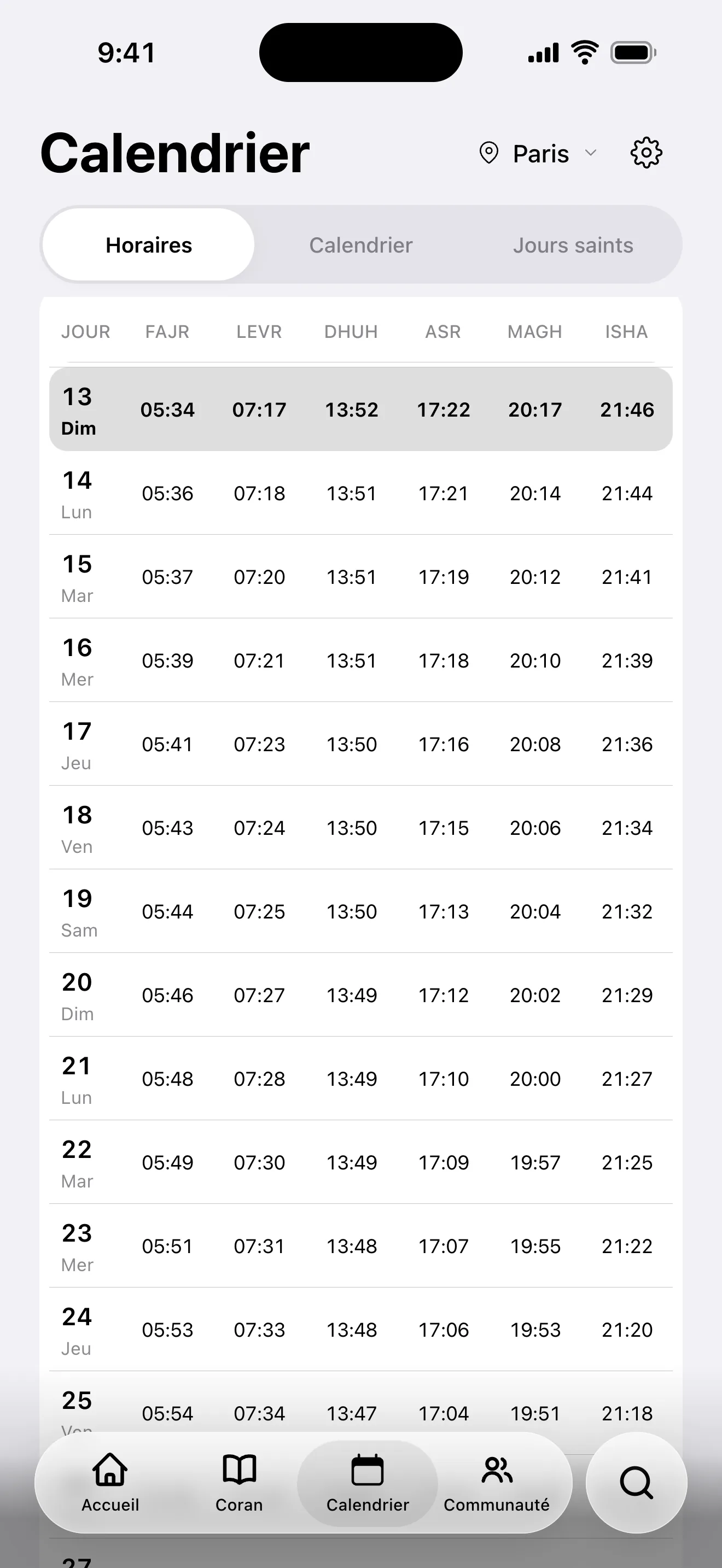 Écran du calendrier : le tableau mensuel des prières pour Istanbul