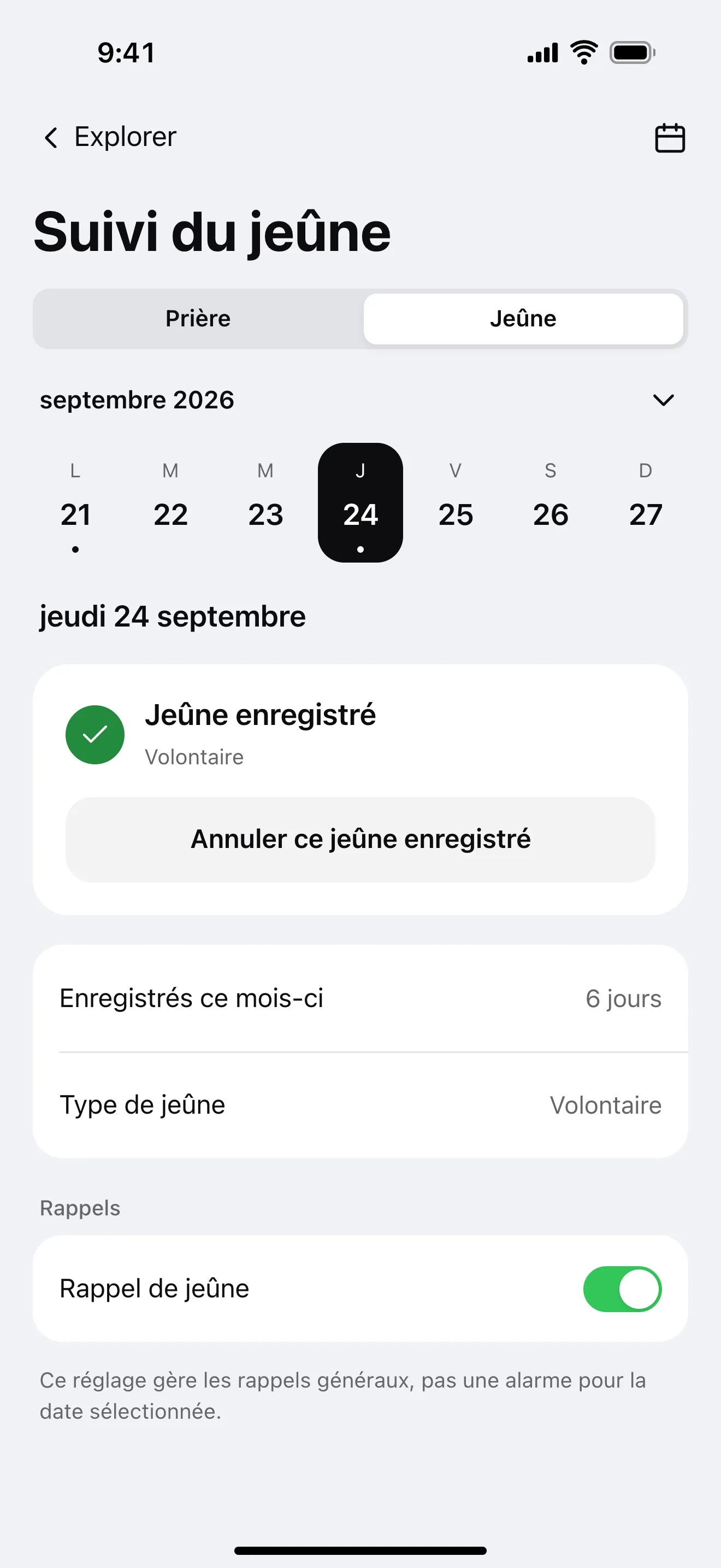 Suivi du jeûne : exemple d’écran de l’application