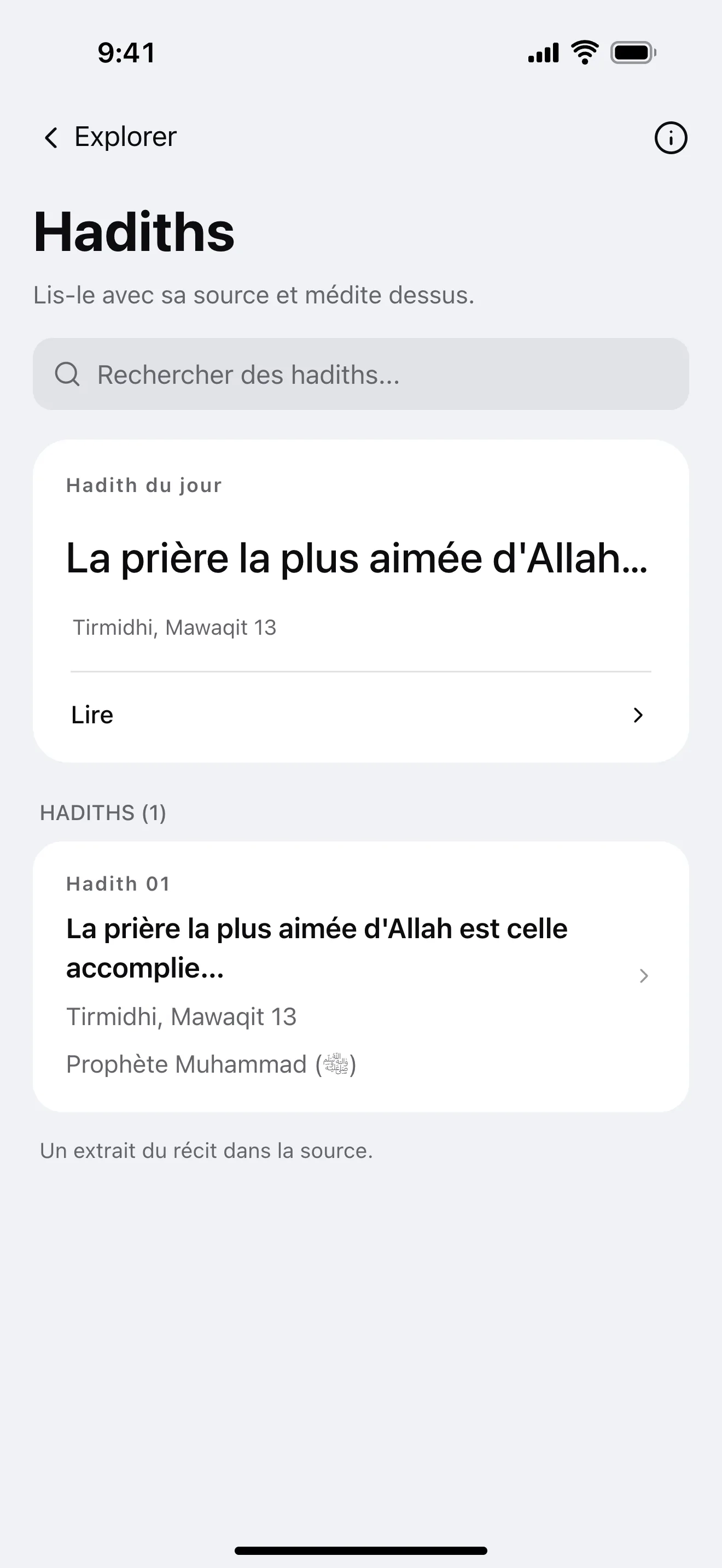 Hadiths : exemple d’écran de l’application