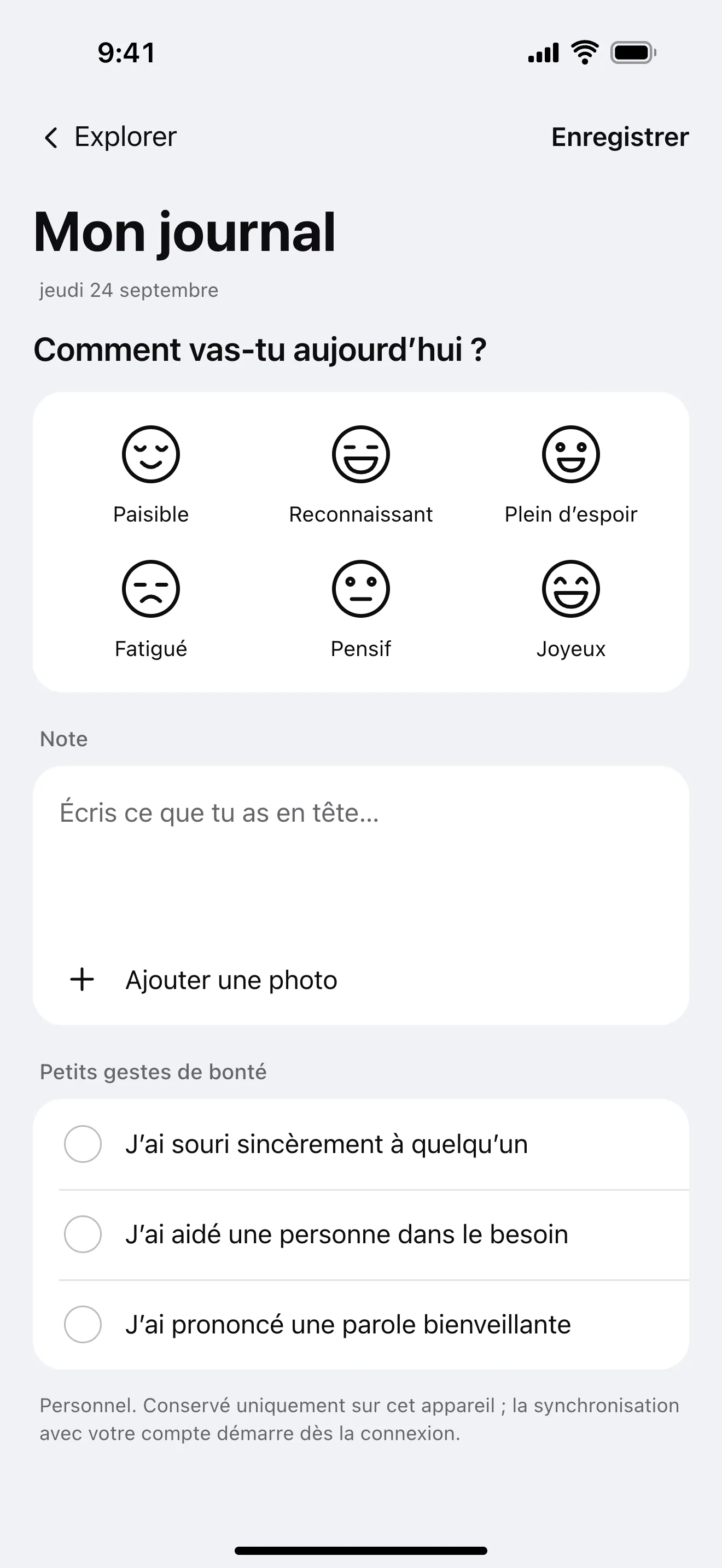 Mon journal : exemple d’écran de l’application