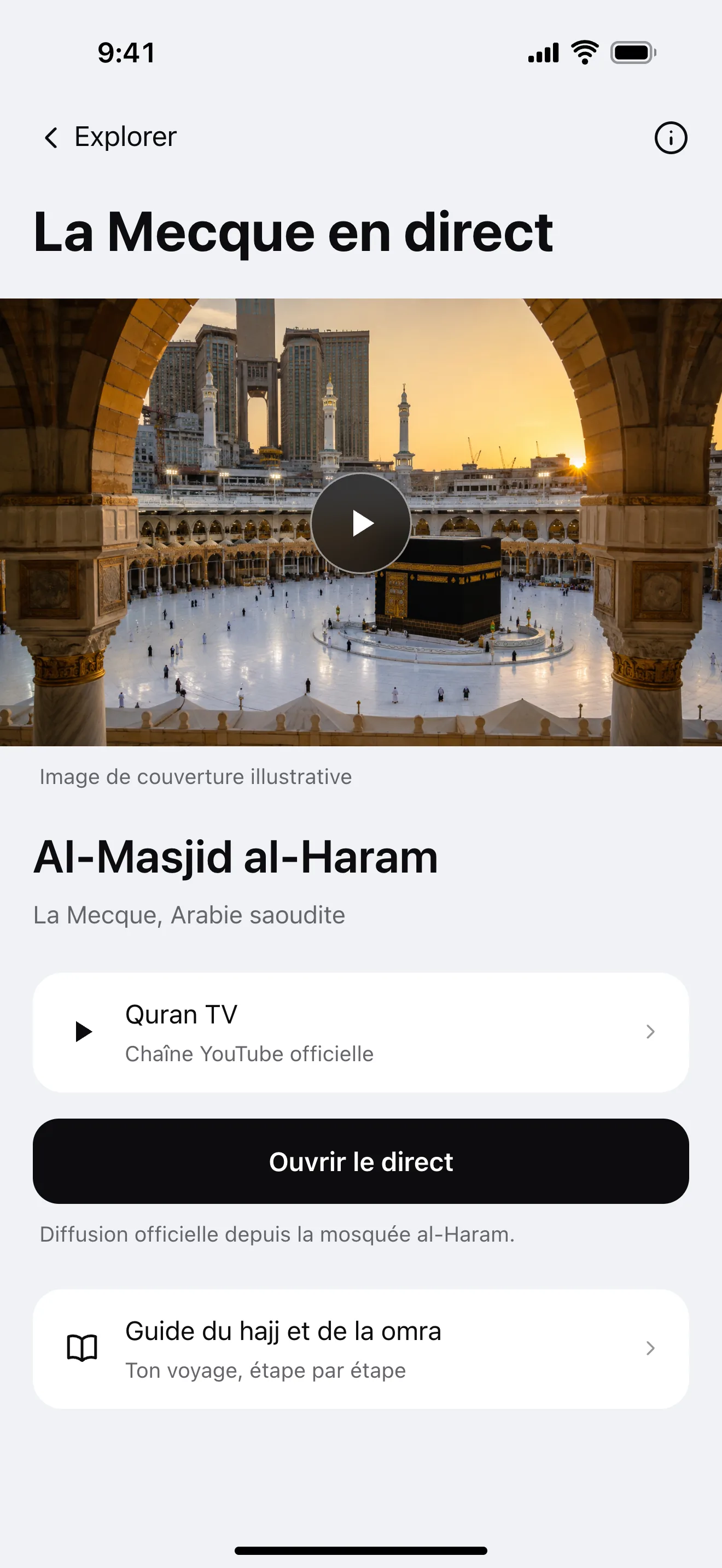 La Mecque en direct : exemple d’écran de l’application