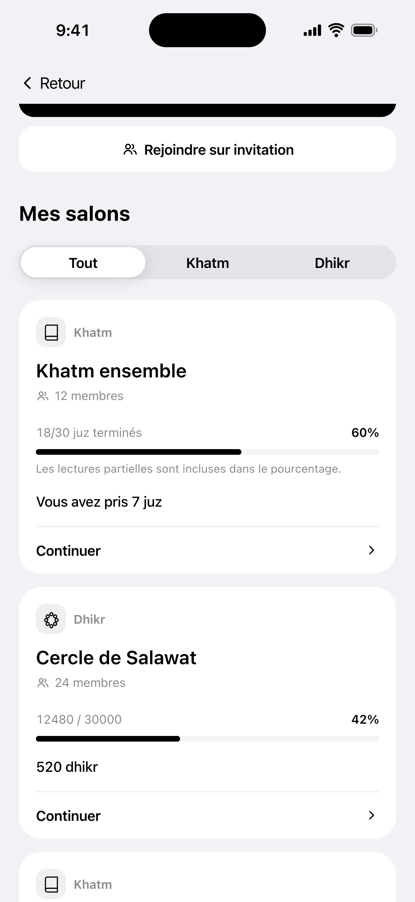 Écran Ensemble : la liste des khatms collectifs et des salles de dhikr partagé