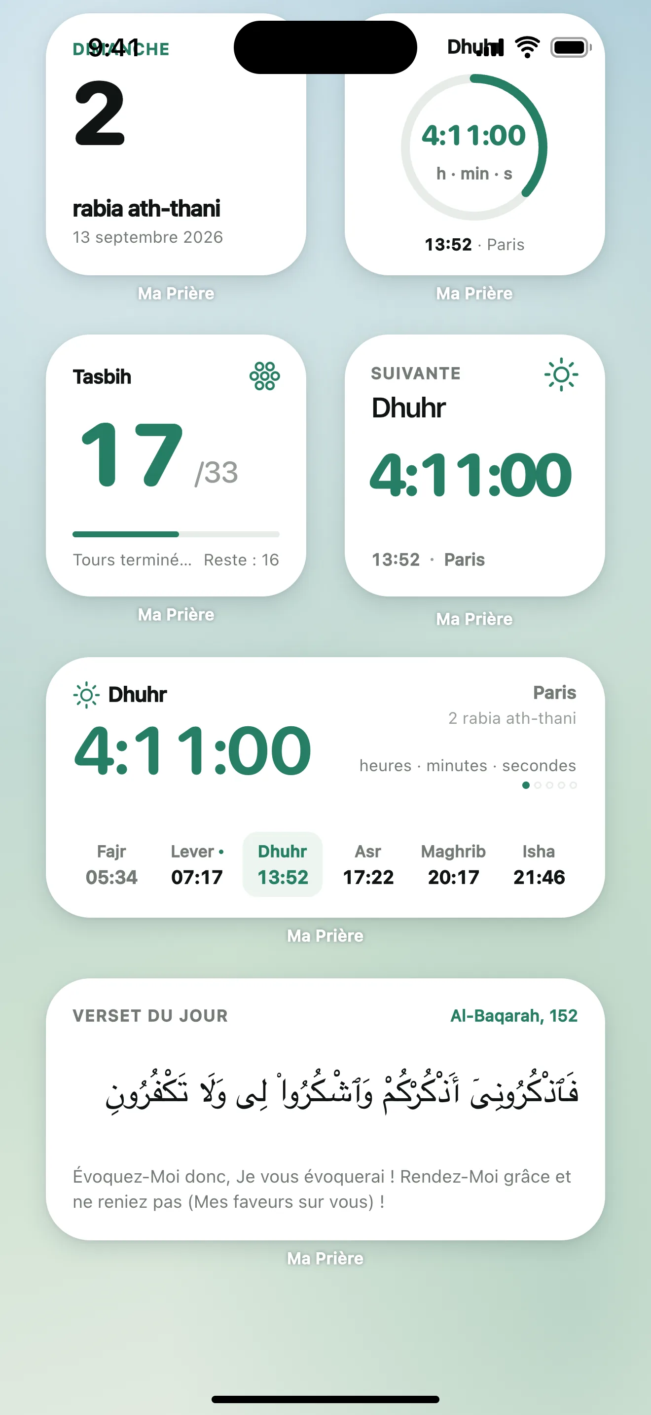 Widgets d’horaires de prière de Ma Prière : compte à rebours avant la prière, compteur de dhikr et verset du jour sur l’écran d’accueil