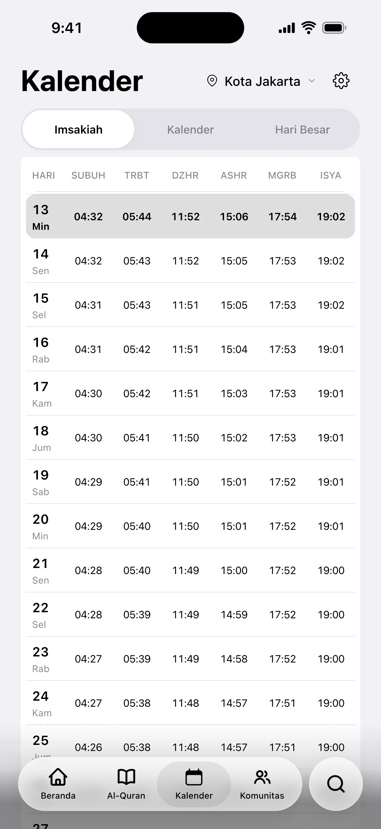 Layar kalender: jadwal salat bulanan untuk Istanbul