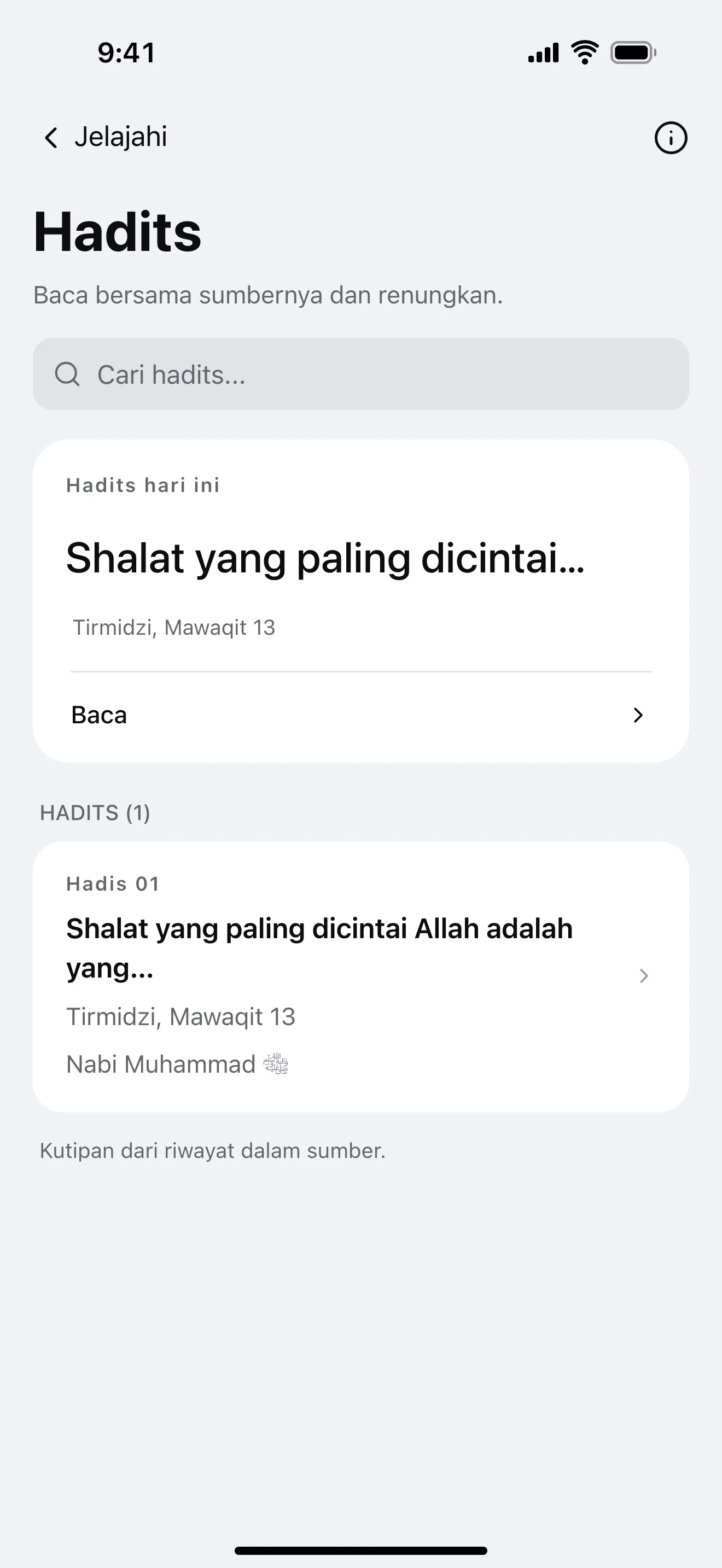 Hadis: contoh layar aplikasi