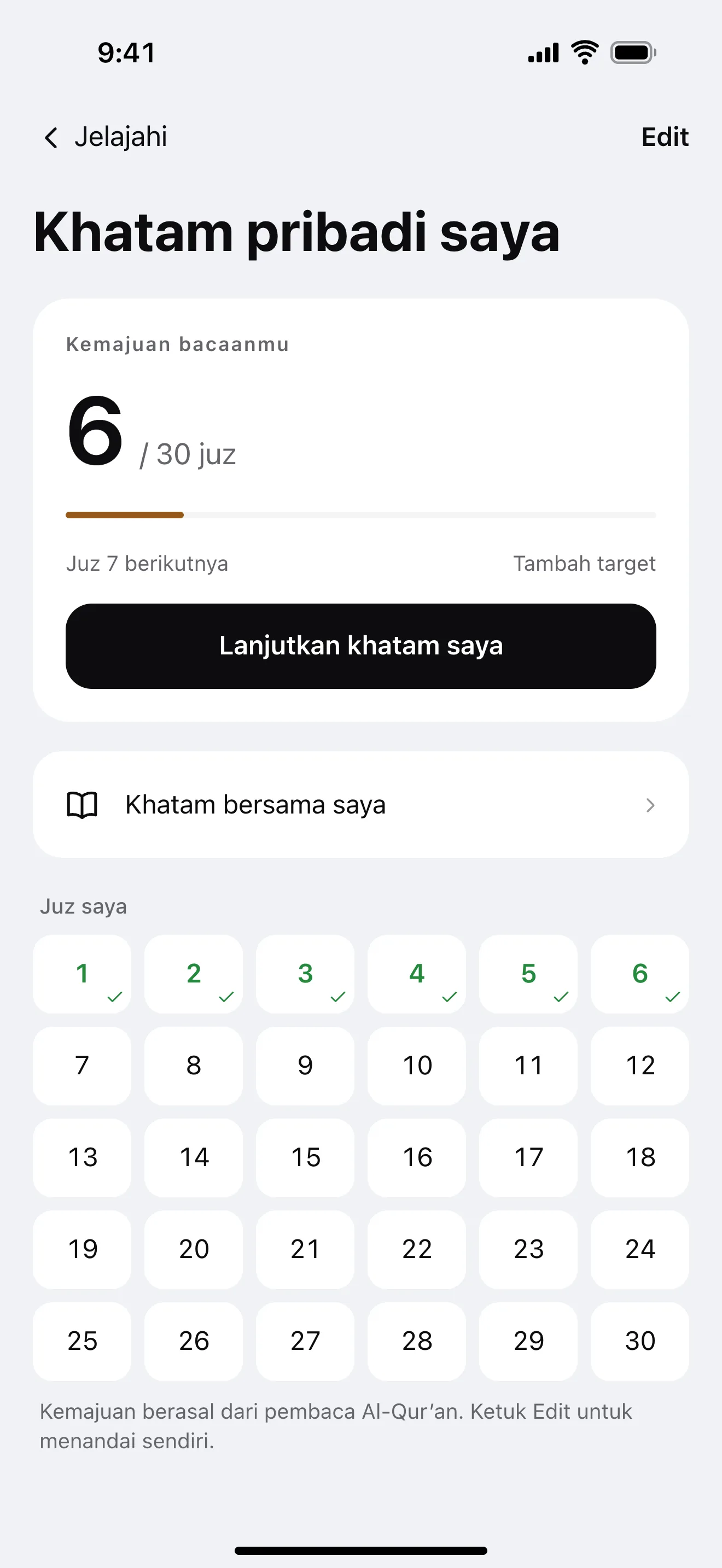 Perjalanan khatamku: contoh layar aplikasi