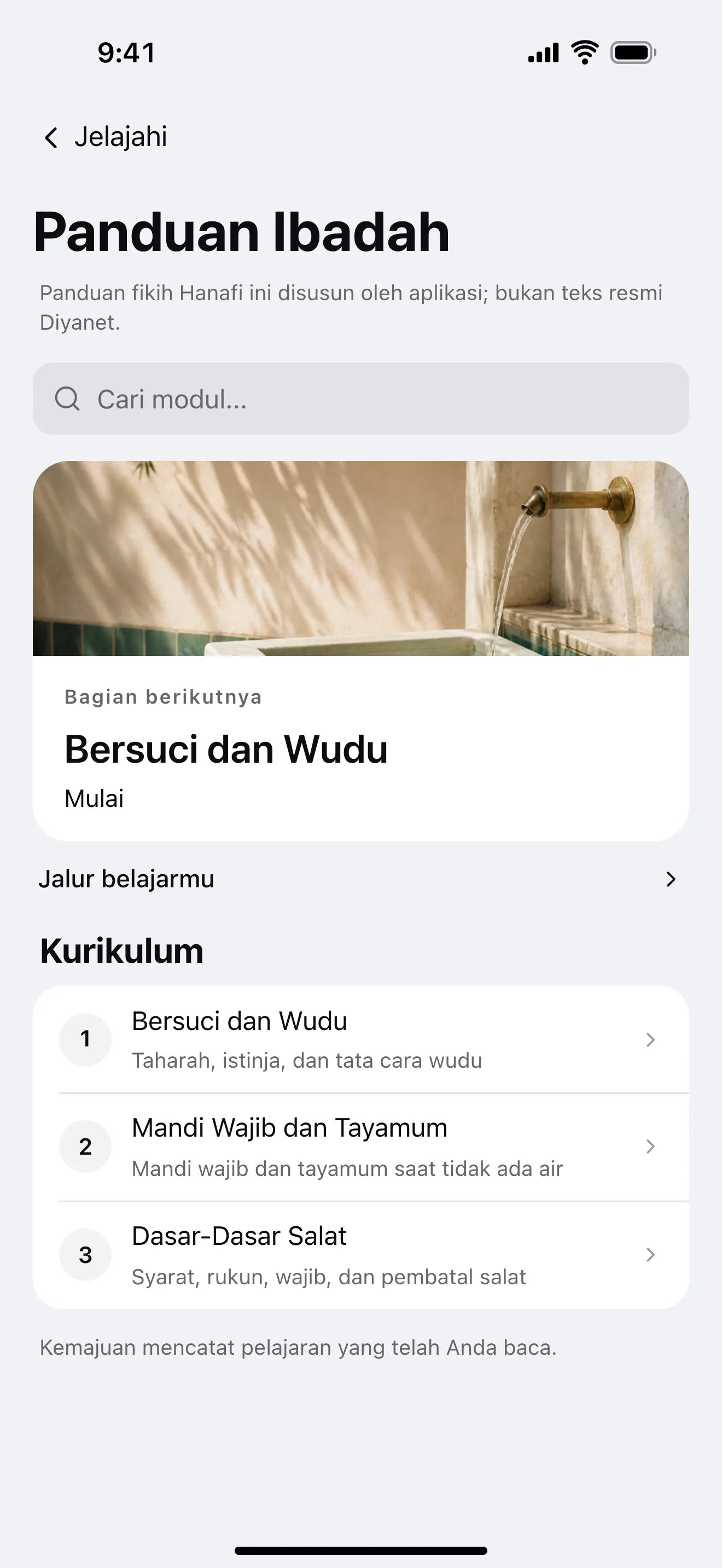 Panduan ibadah: contoh layar aplikasi