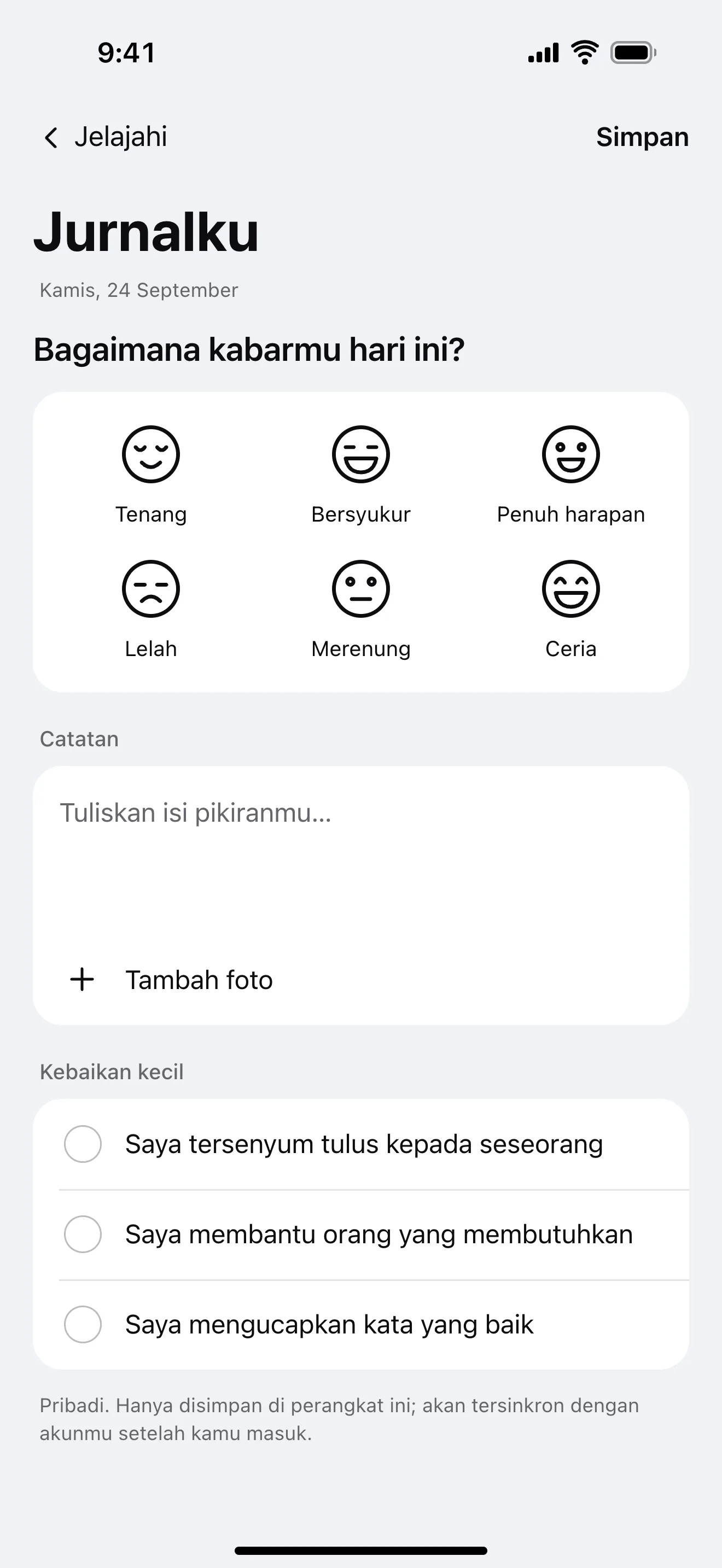 Jurnalku: contoh layar aplikasi