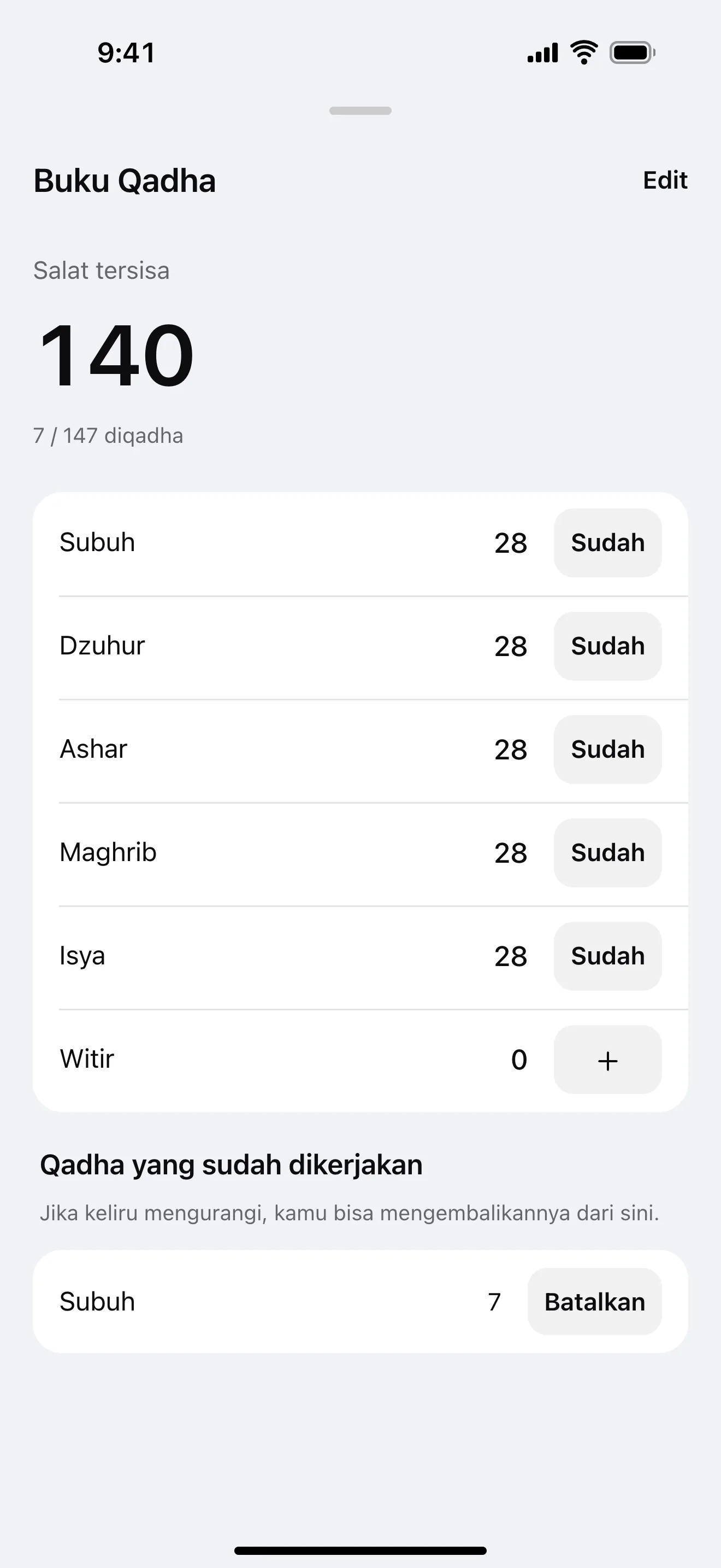 Catatan qada: contoh layar aplikasi