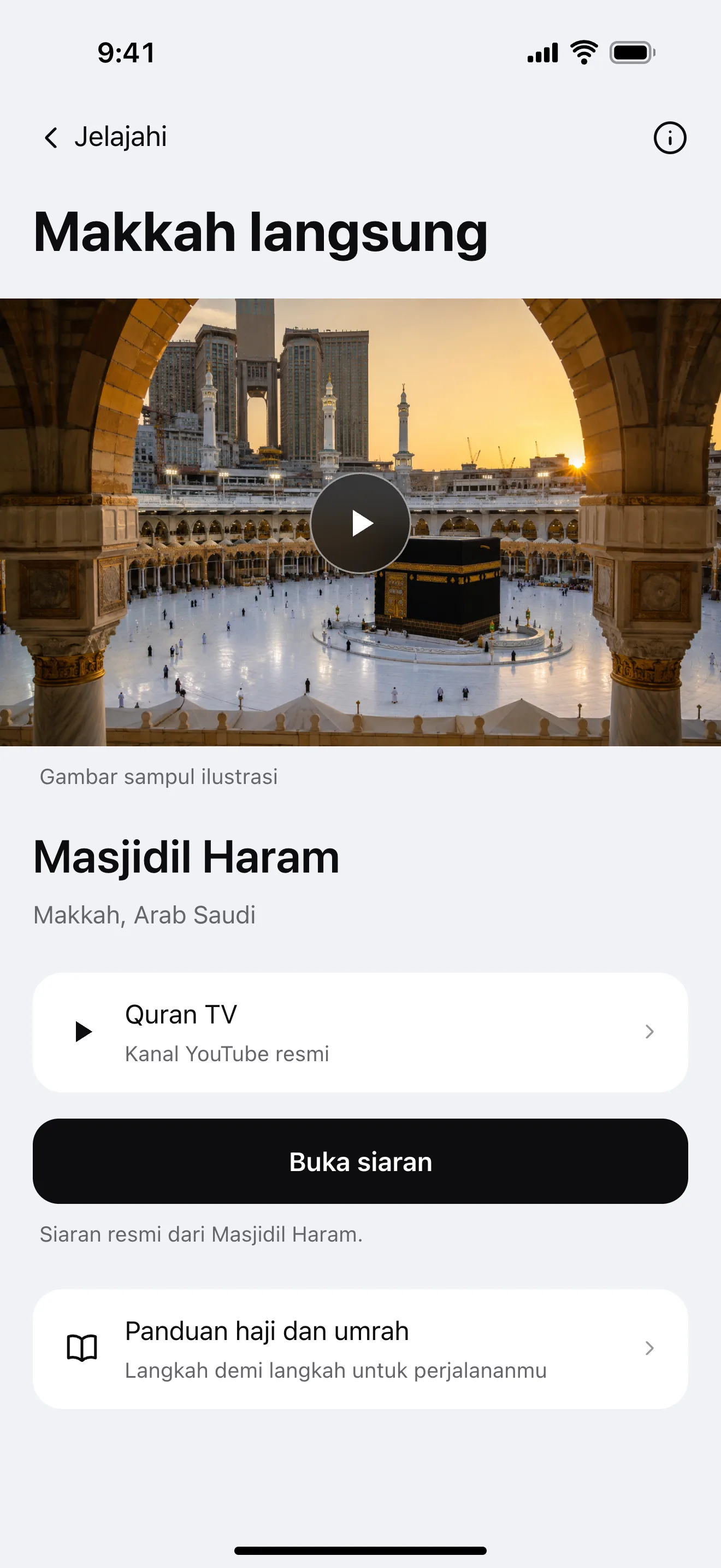 Makkah langsung: contoh layar aplikasi
