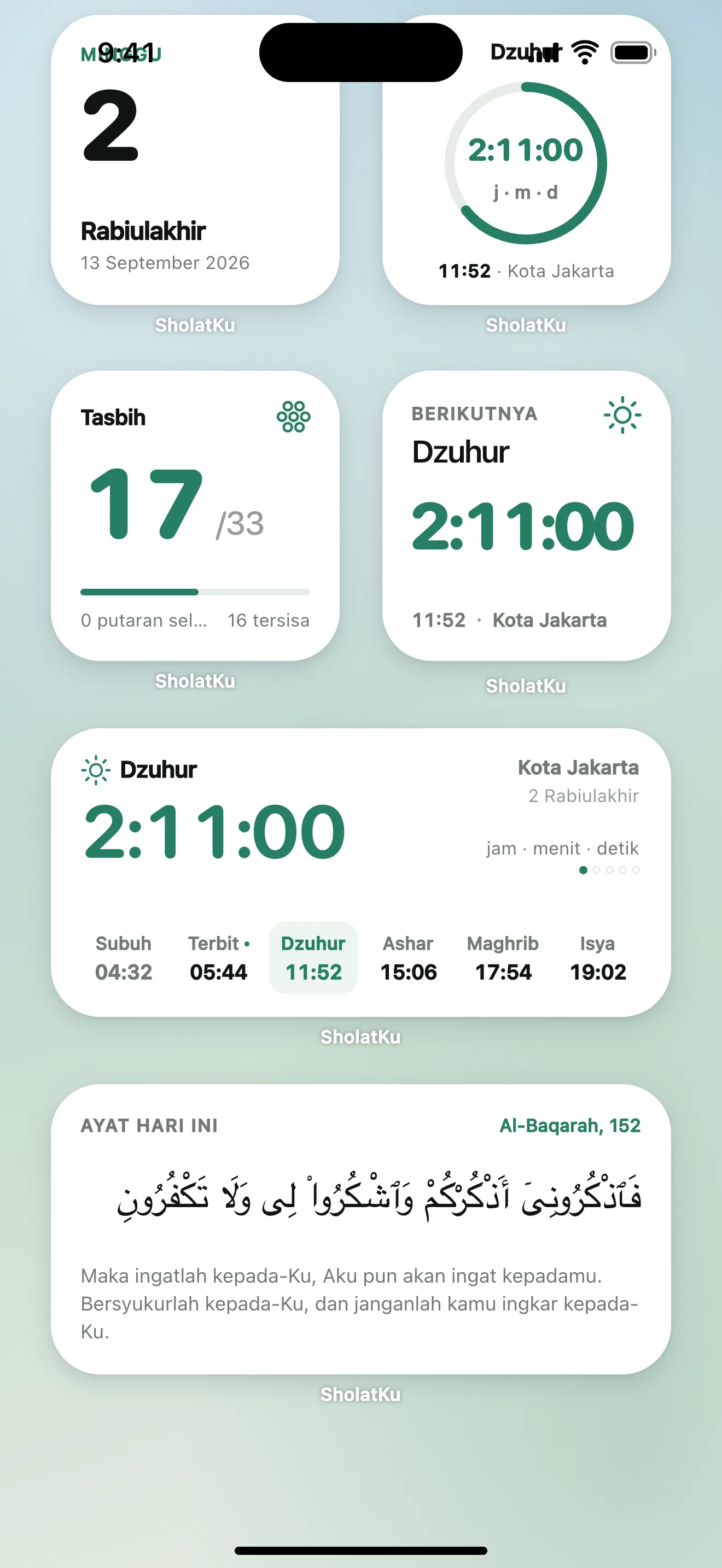 Widget waktu salat SholatKu: hitung mundur salat, tasbih digital dan ayat harian di layar utama