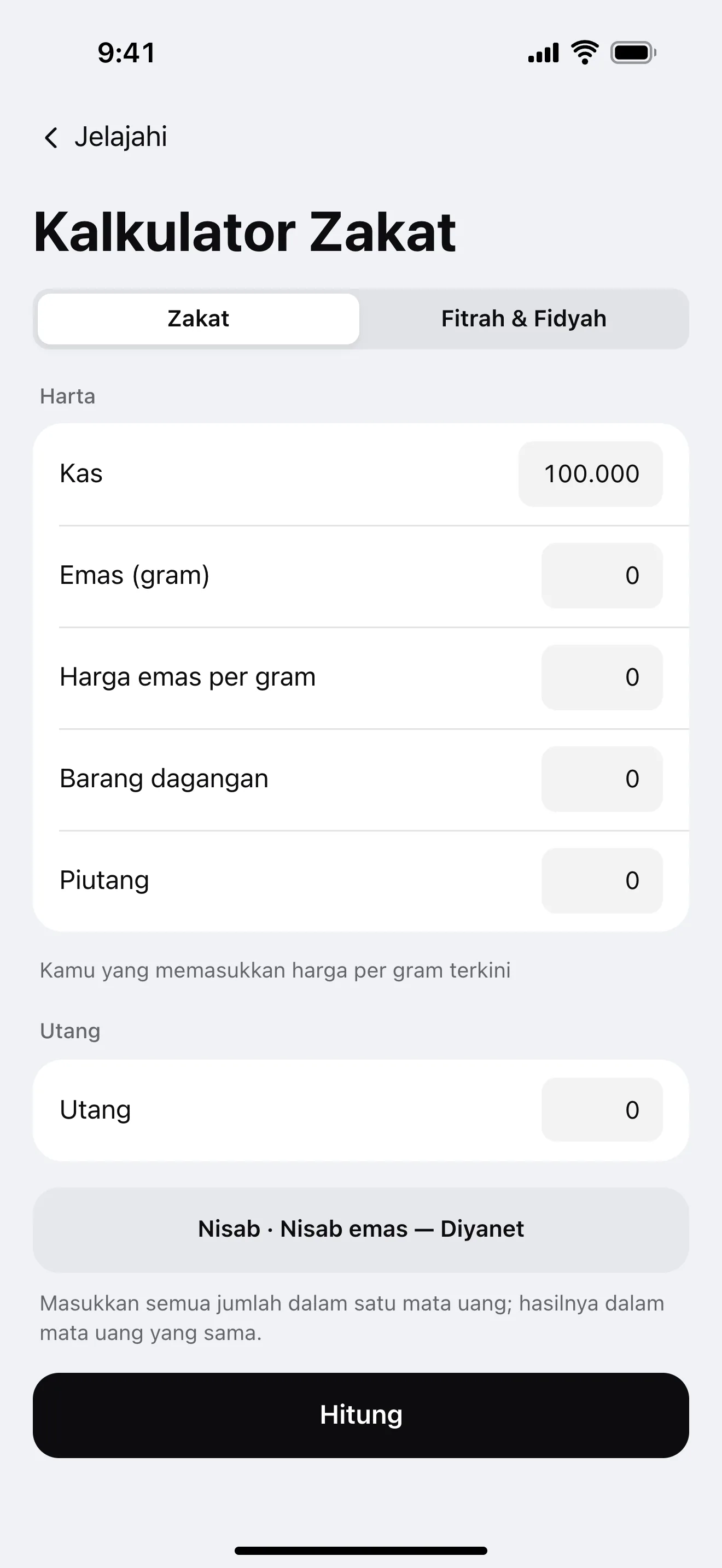 Zakat: contoh layar aplikasi