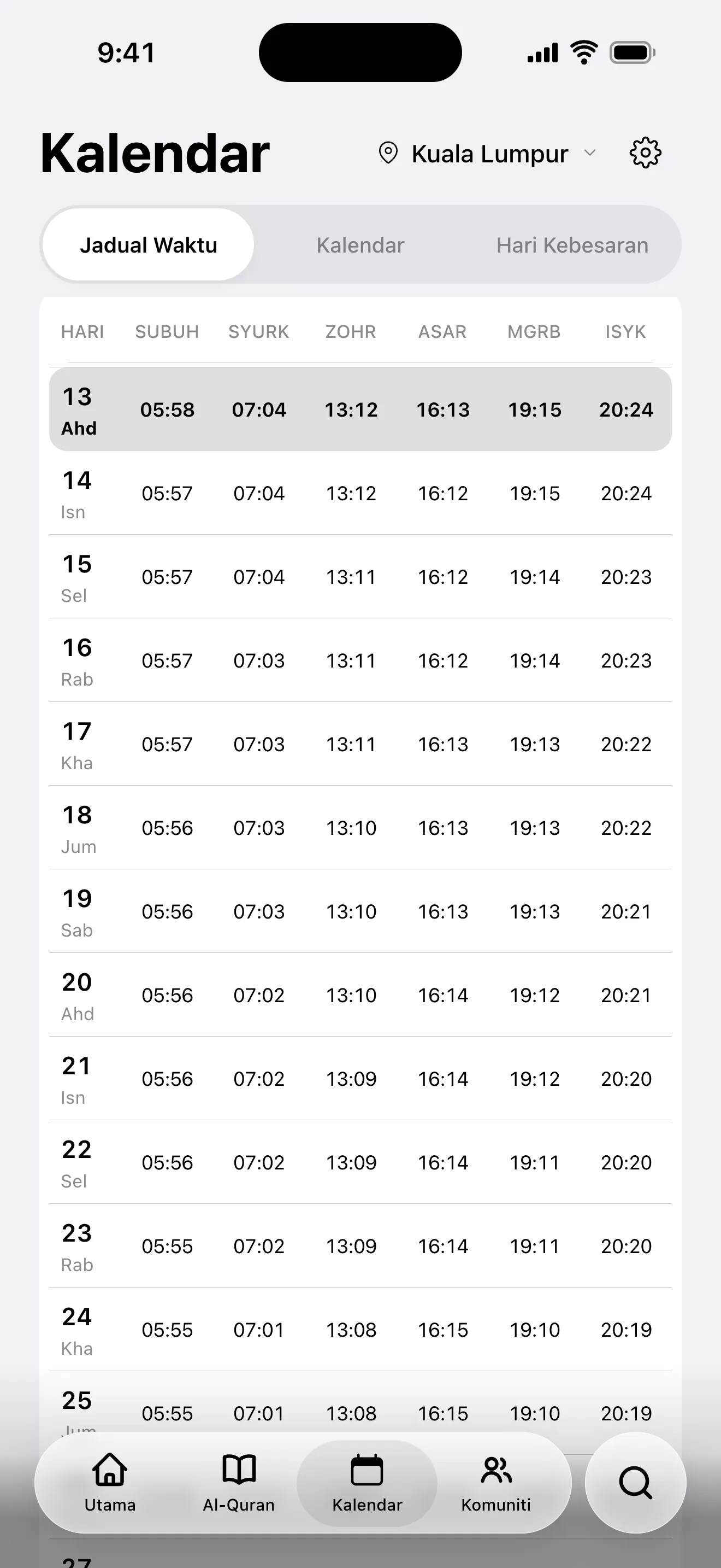 Skrin kalendar: jadual solat bulanan bagi Istanbul