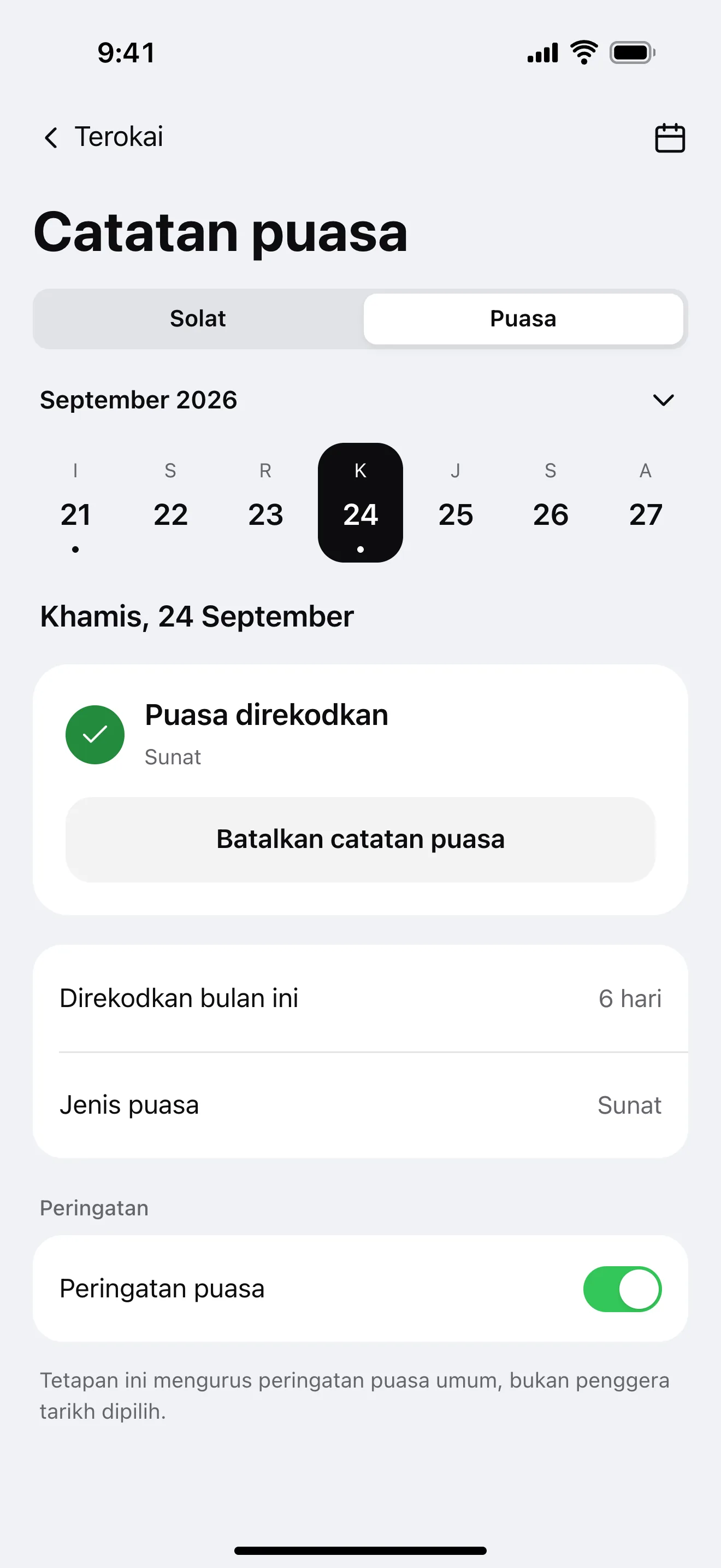 Catatan puasa: contoh skrin aplikasi