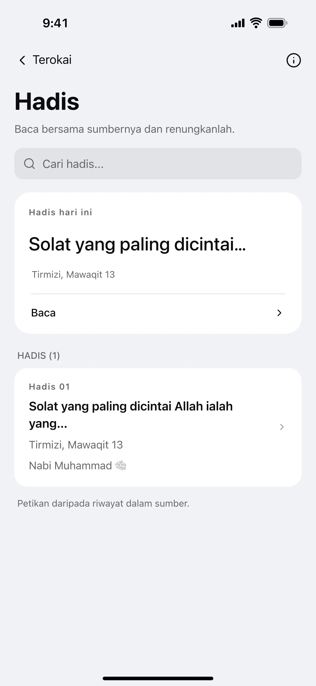 Hadis: contoh skrin aplikasi