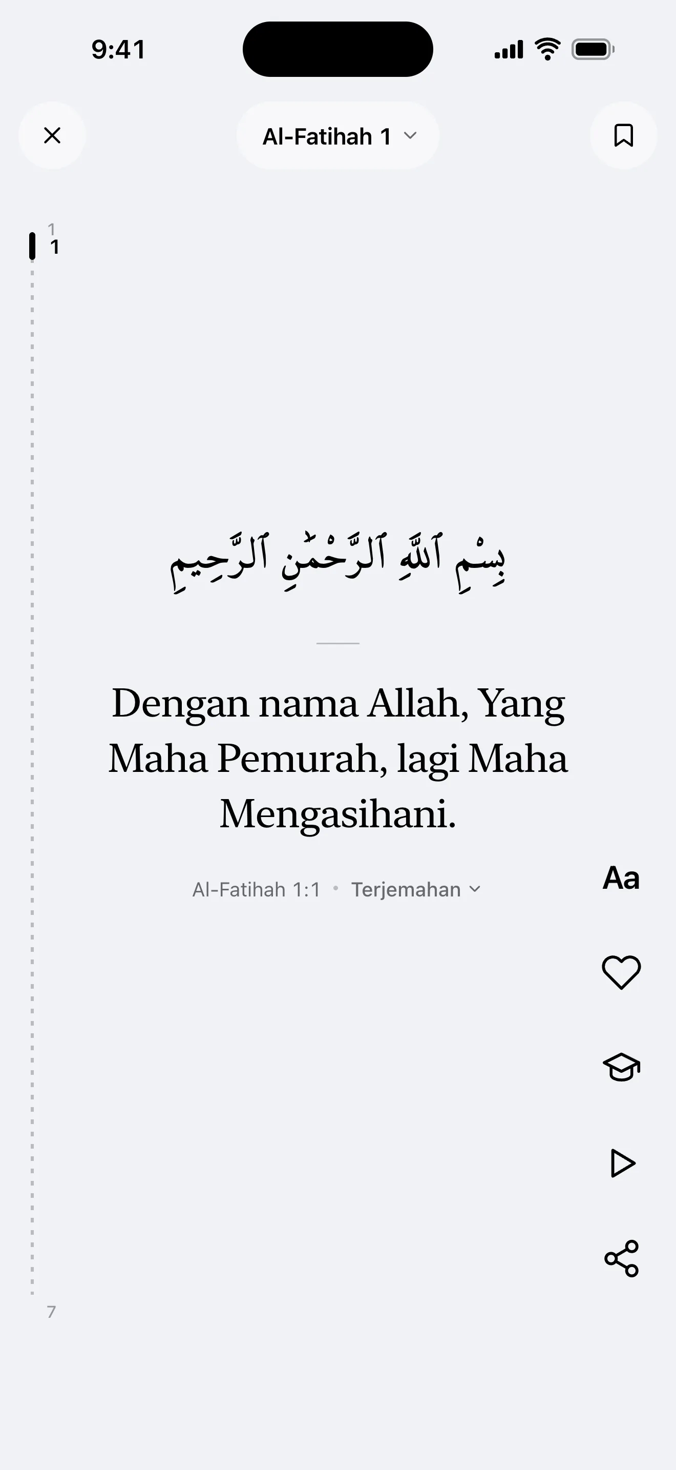 Skrin aliran Al-Quran: Al-Fatihah 1, ayat Arab dan terjemahannya