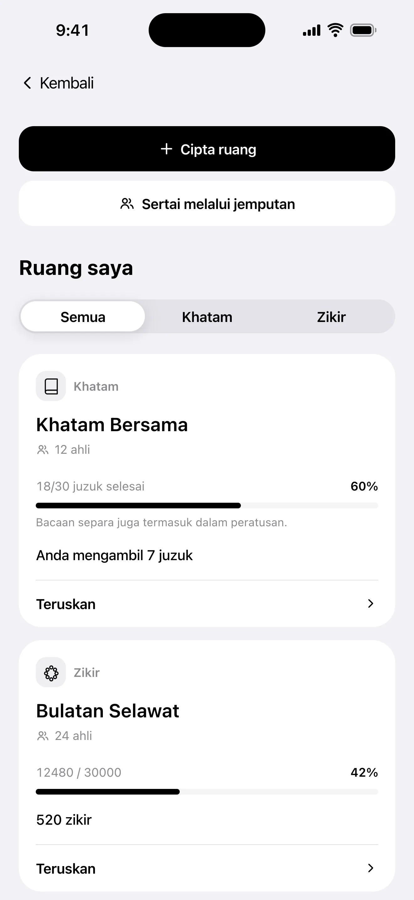 Skrin Bersama: senarai bilik khatam berkumpulan dan zikir bersama