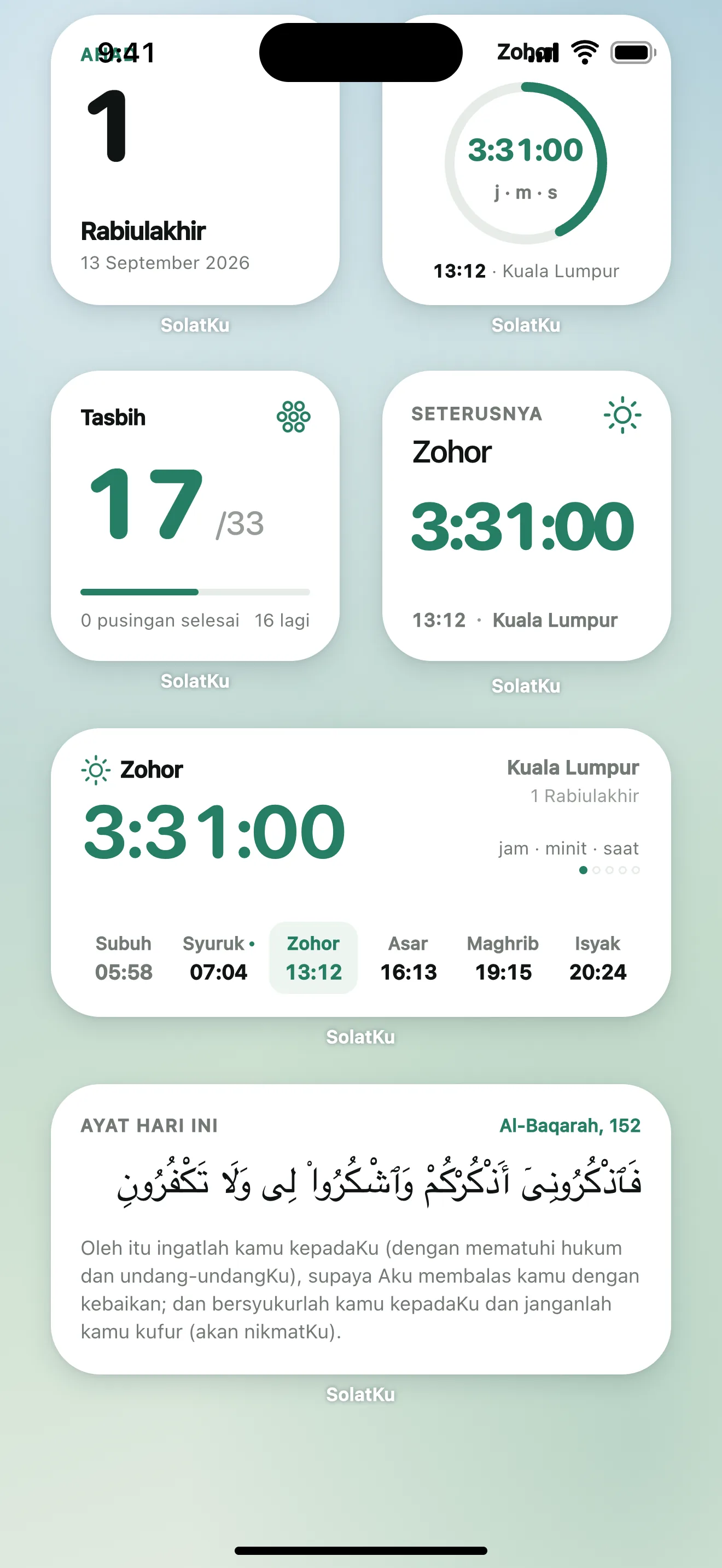 Widget waktu solat SolatKu: kiraan detik solat, kaunter tasbih dan ayat harian pada skrin utama