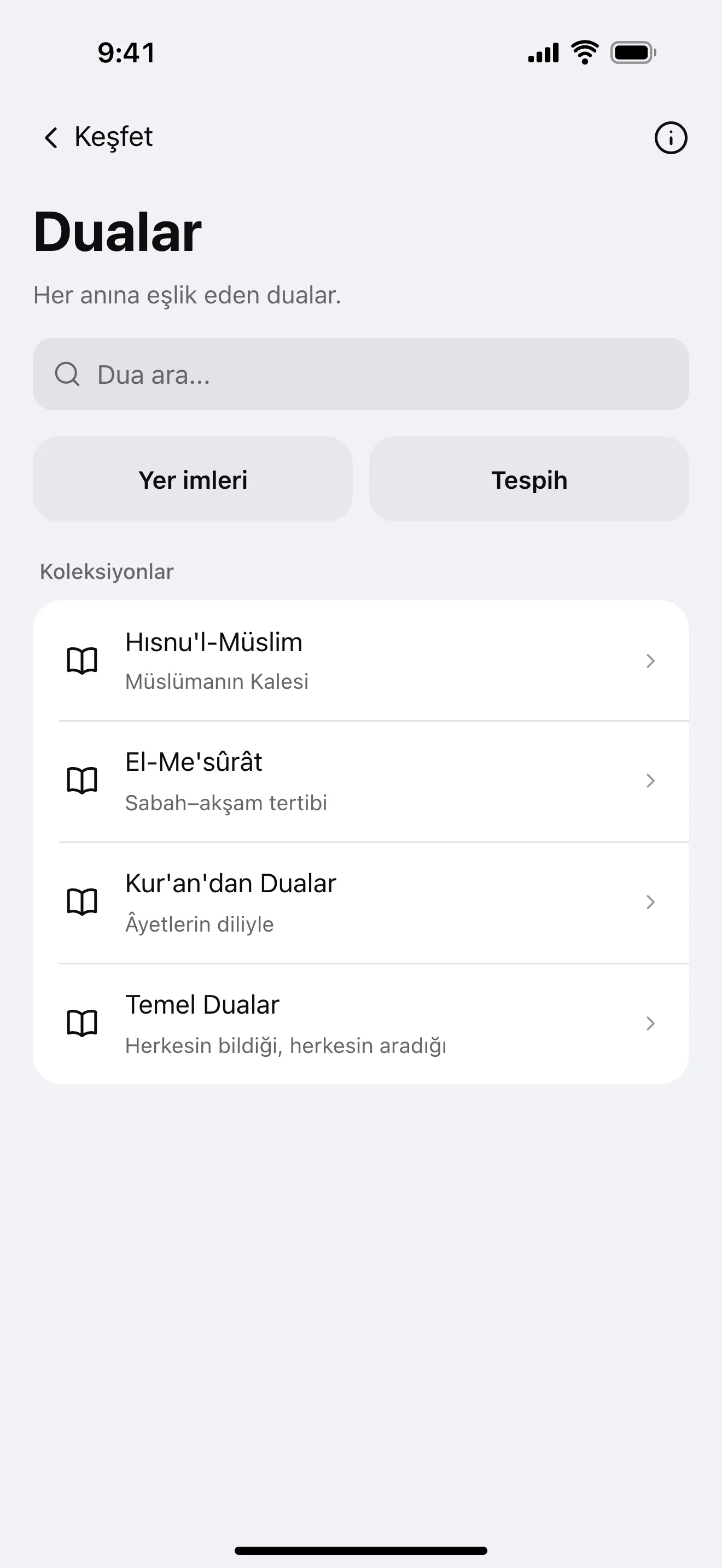 Dualar: uygulamadan örnek ekran