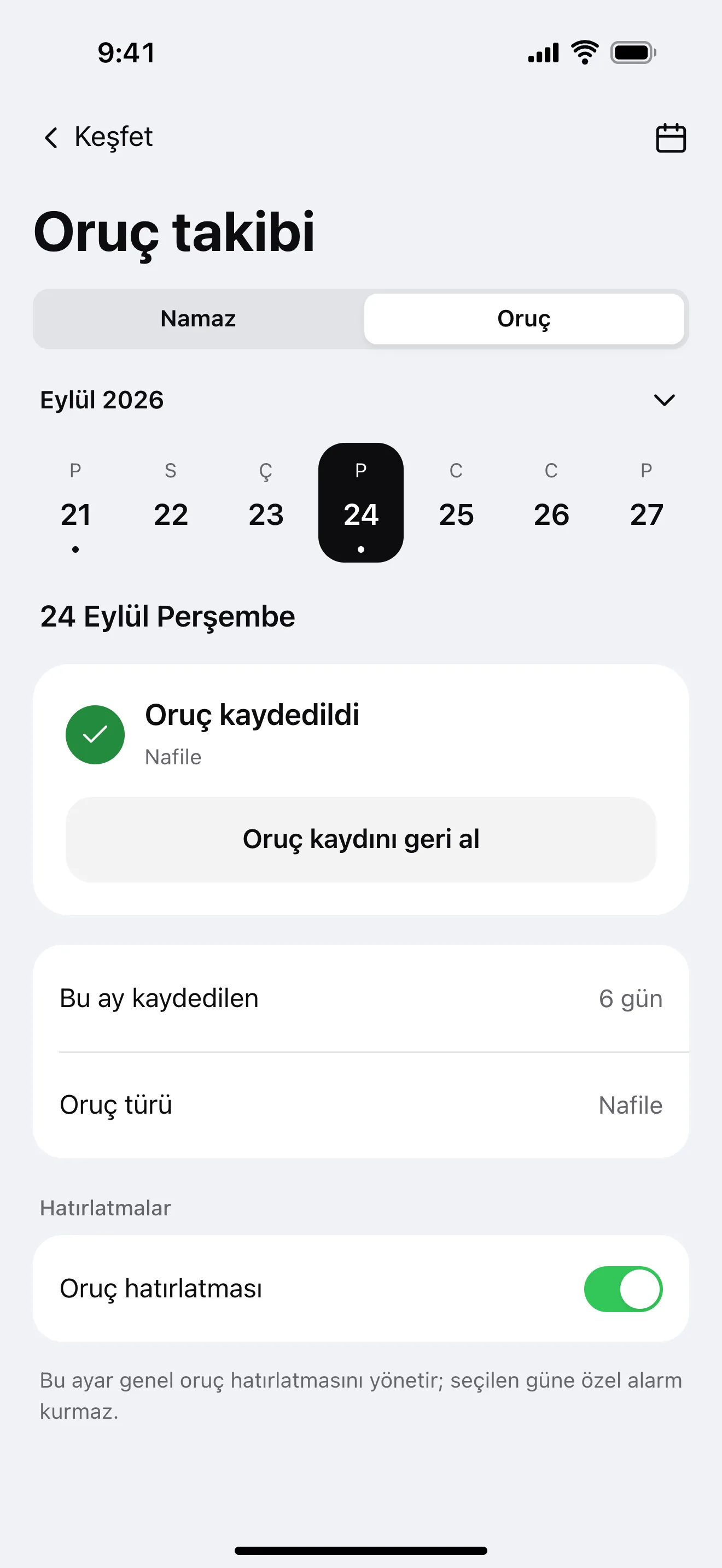 Oruç takibi: uygulamadan örnek ekran
