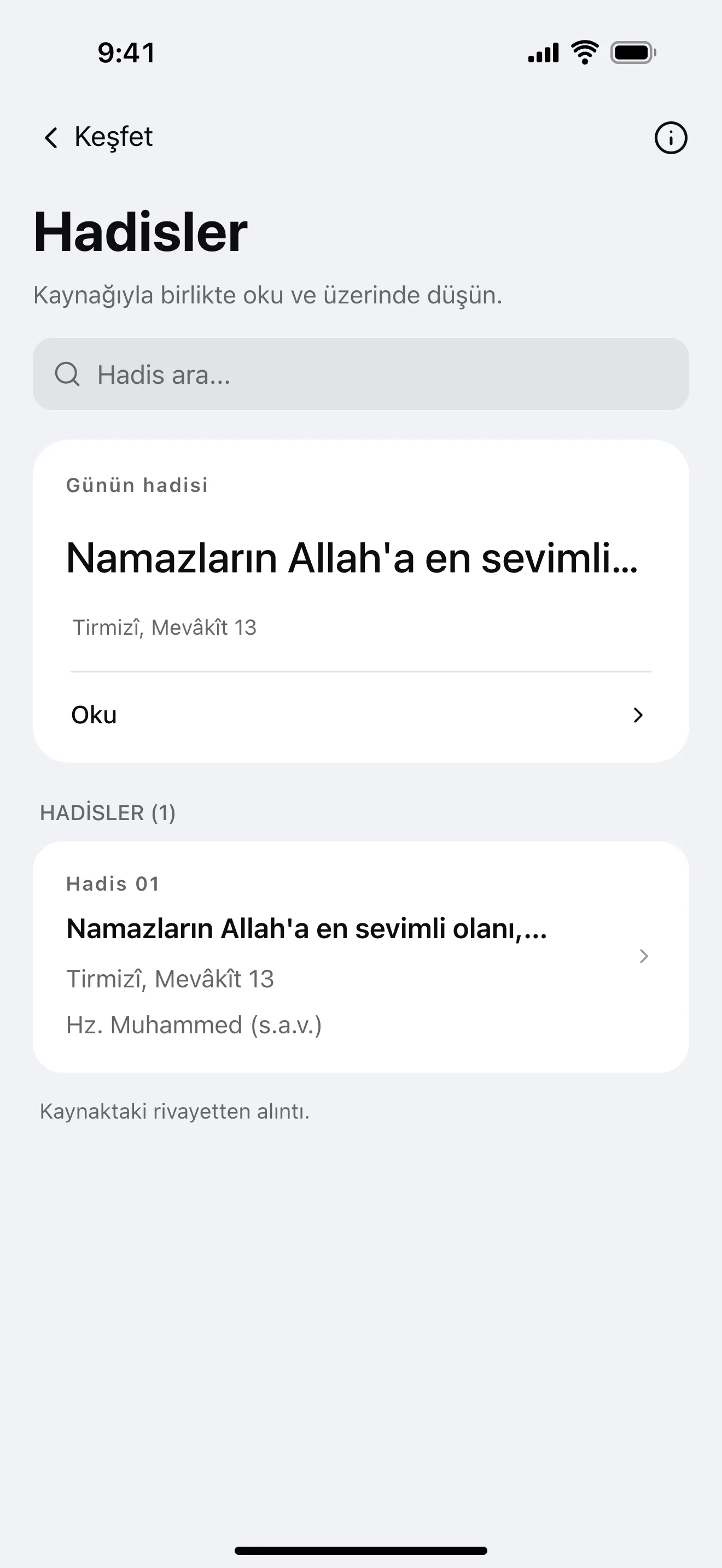 Hadisler: uygulamadan örnek ekran