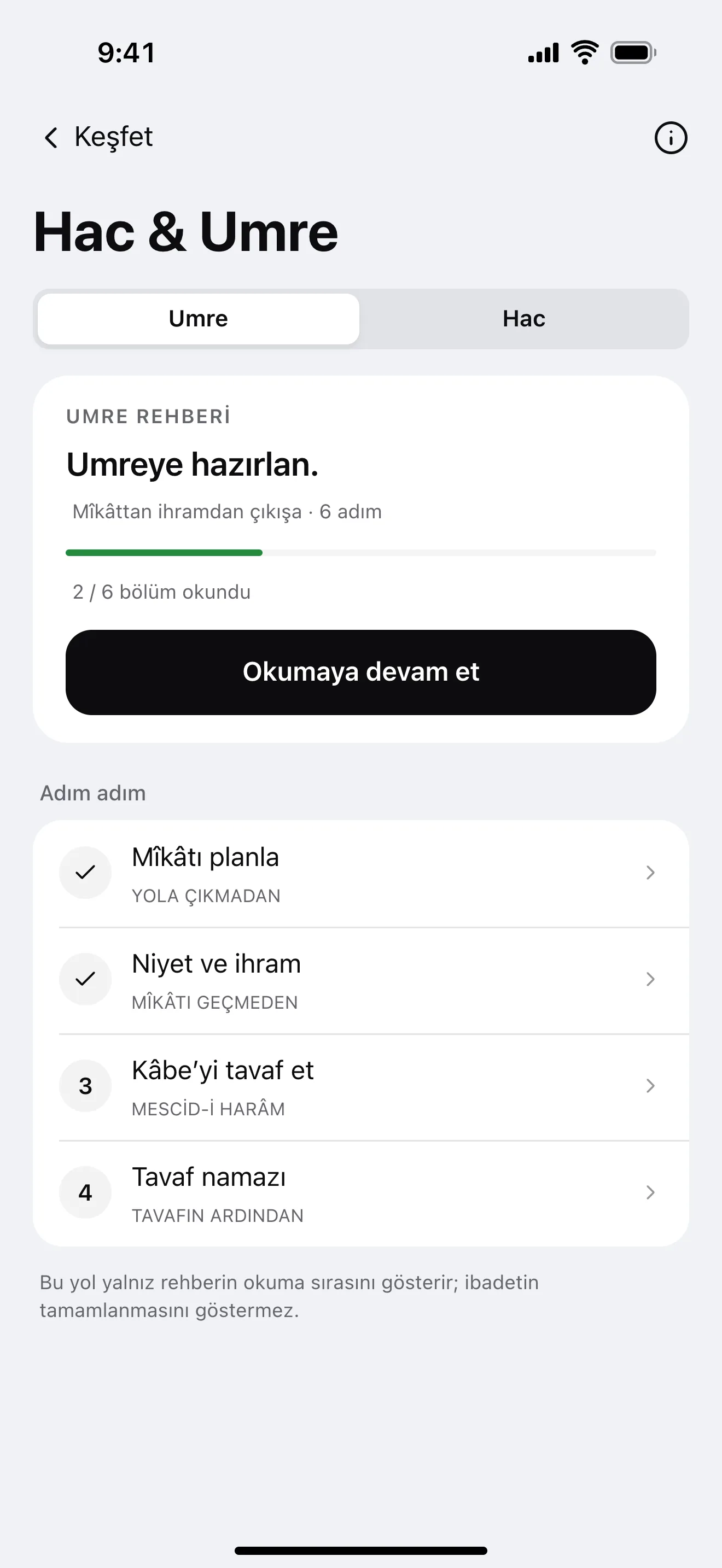 Hac & Umre: uygulamadan örnek ekran