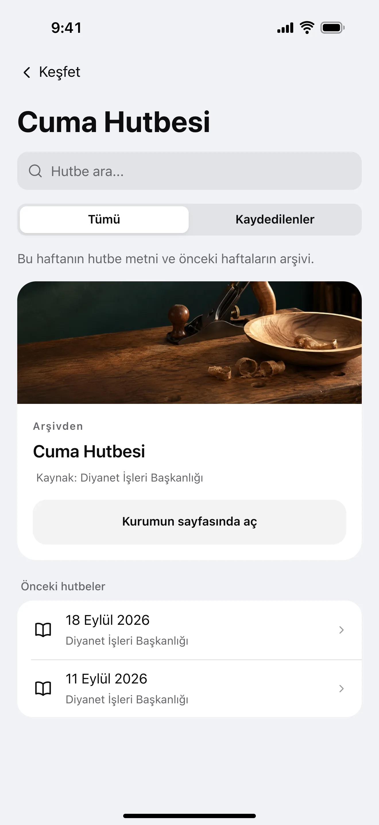Hutbeler: uygulamadan örnek ekran