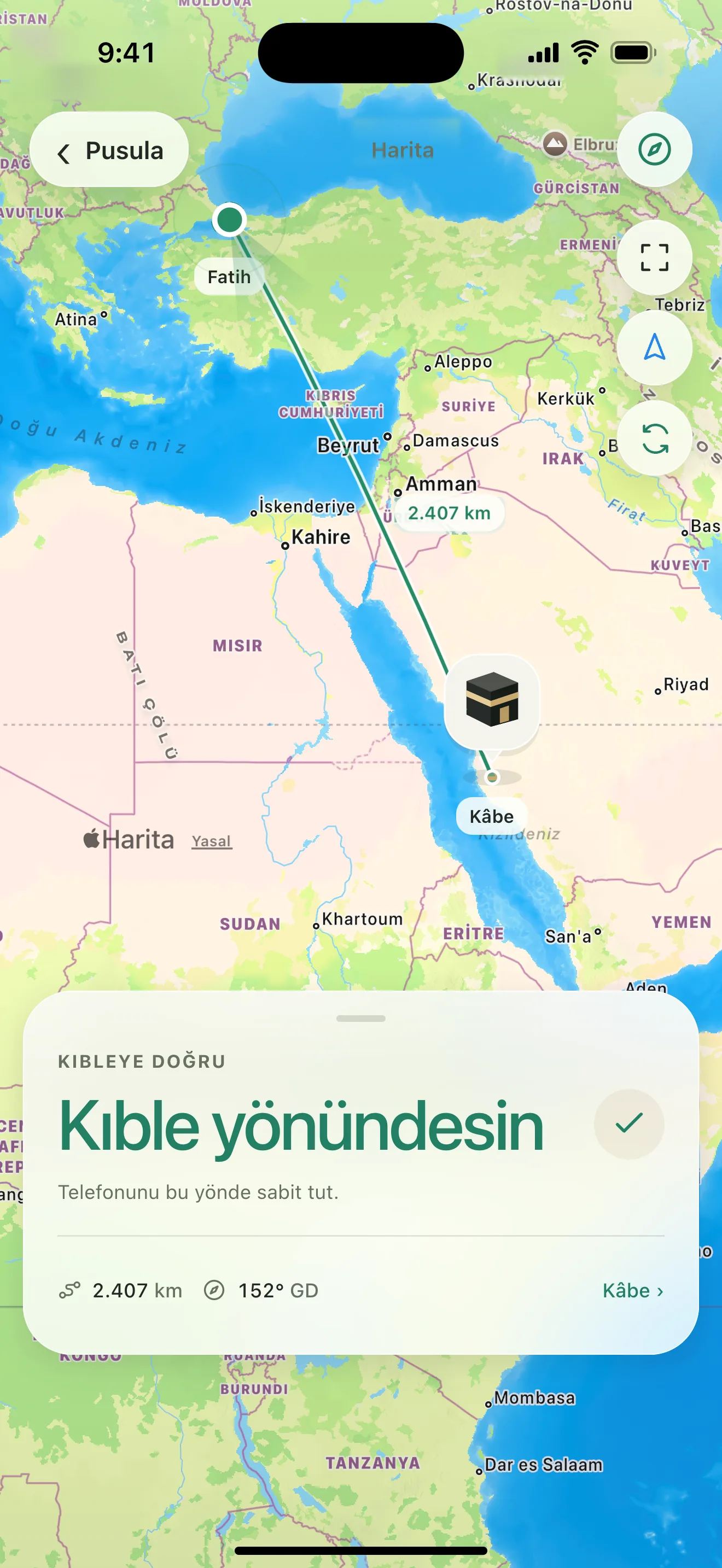 Kıble haritası: Fatih’ten Kâbe’ye giden hat ve 2.407 km mesafe