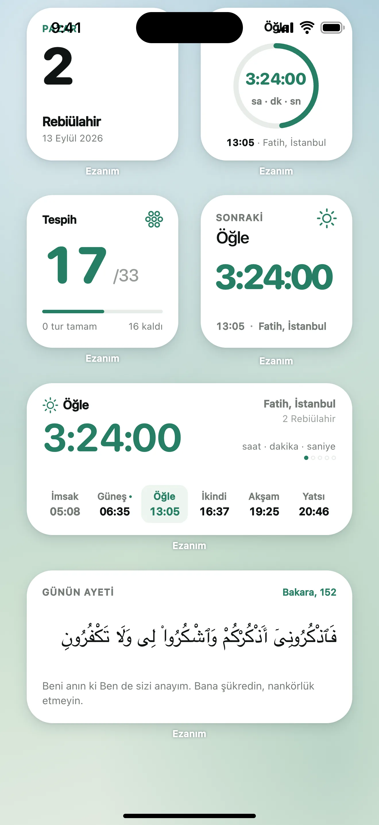 Ezanım namaz vakti widget’ları: ana ekranda vakit sayacı, zikir sayacı ve günün ayeti