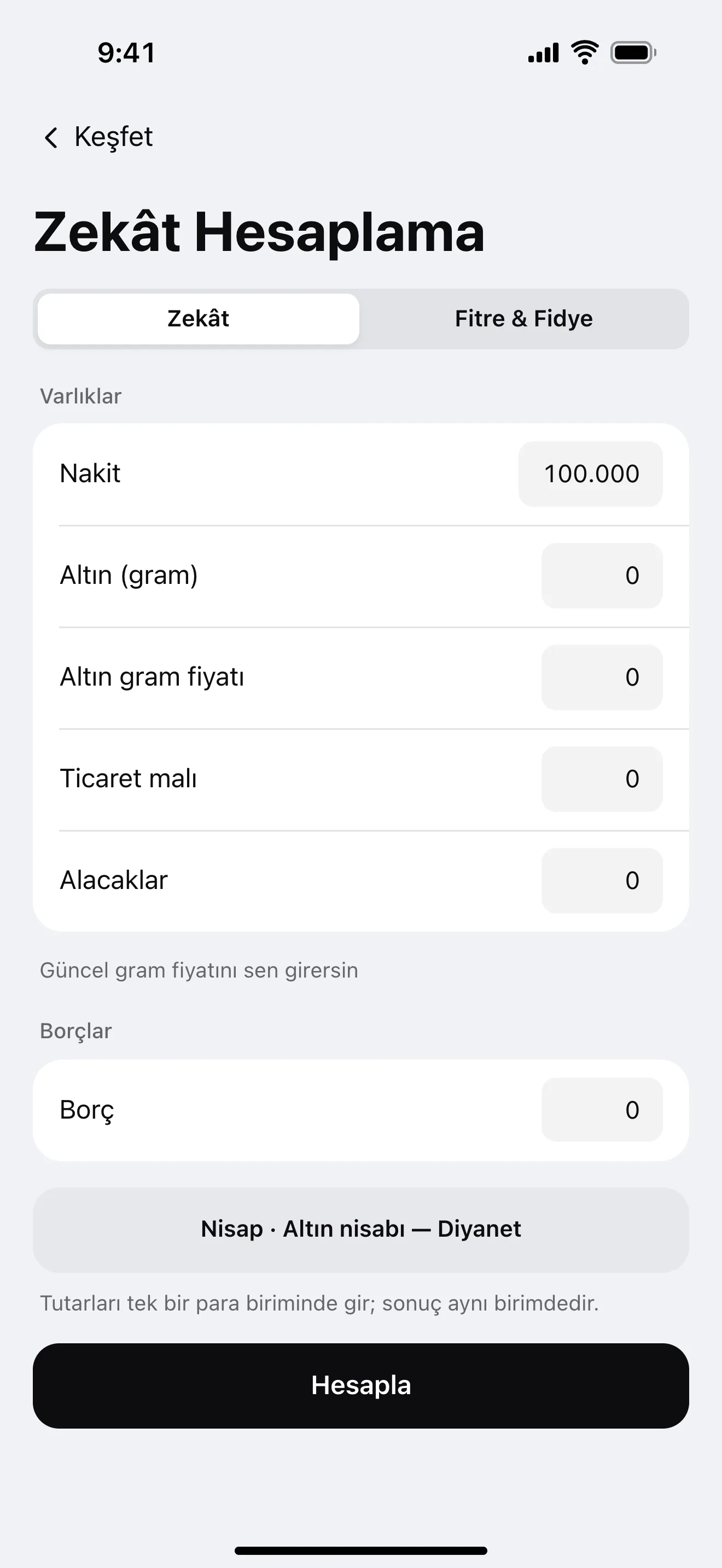 Zekât: uygulamadan örnek ekran