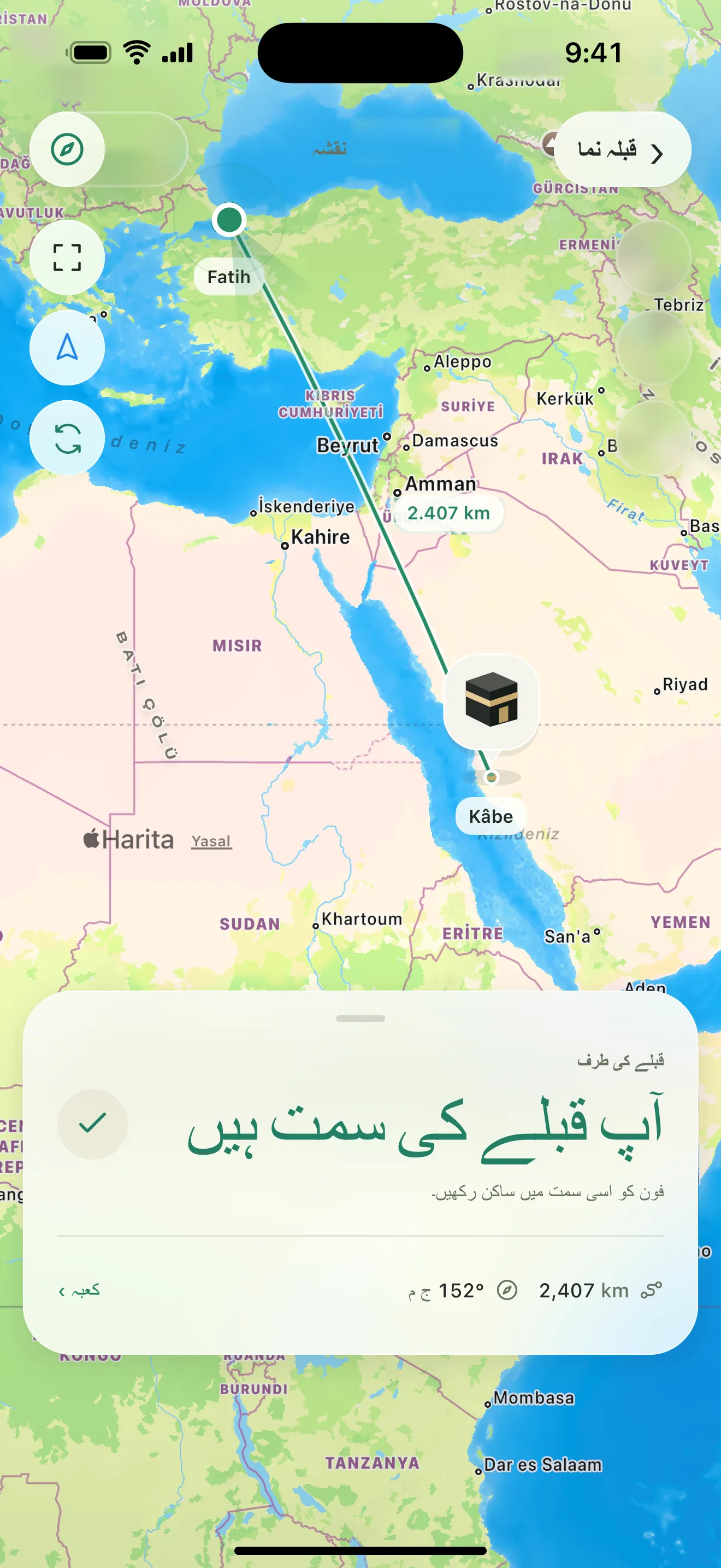 قبلہ نقشہ: فاتح سے کعبے تک کی لکیر اور 2,407 کلومیٹر فاصلہ
